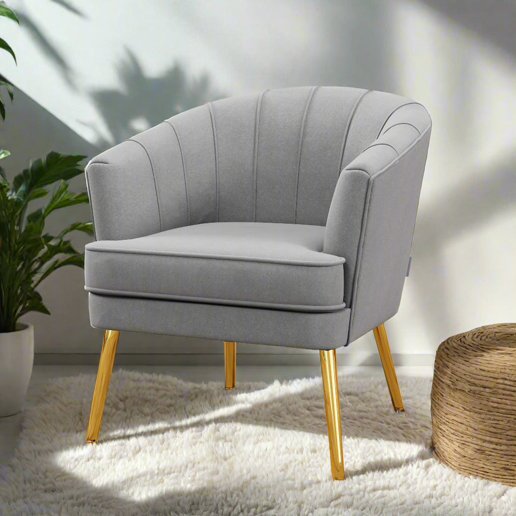 Channel-Tufted Tub Armchair with Velvet Upholstery and Gold Legs, Grey