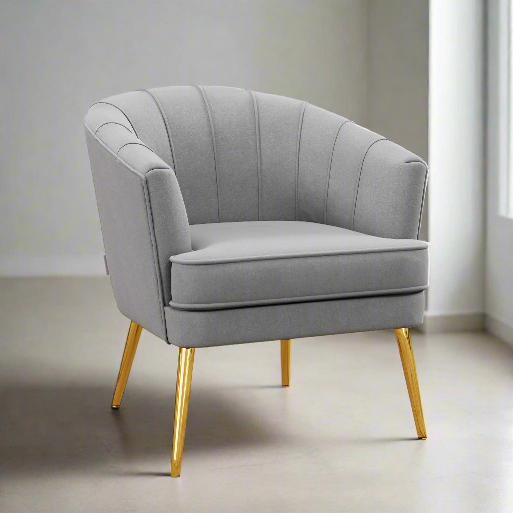 Channel-Tufted Tub Armchair with Velvet Upholstery and Gold Legs, Grey