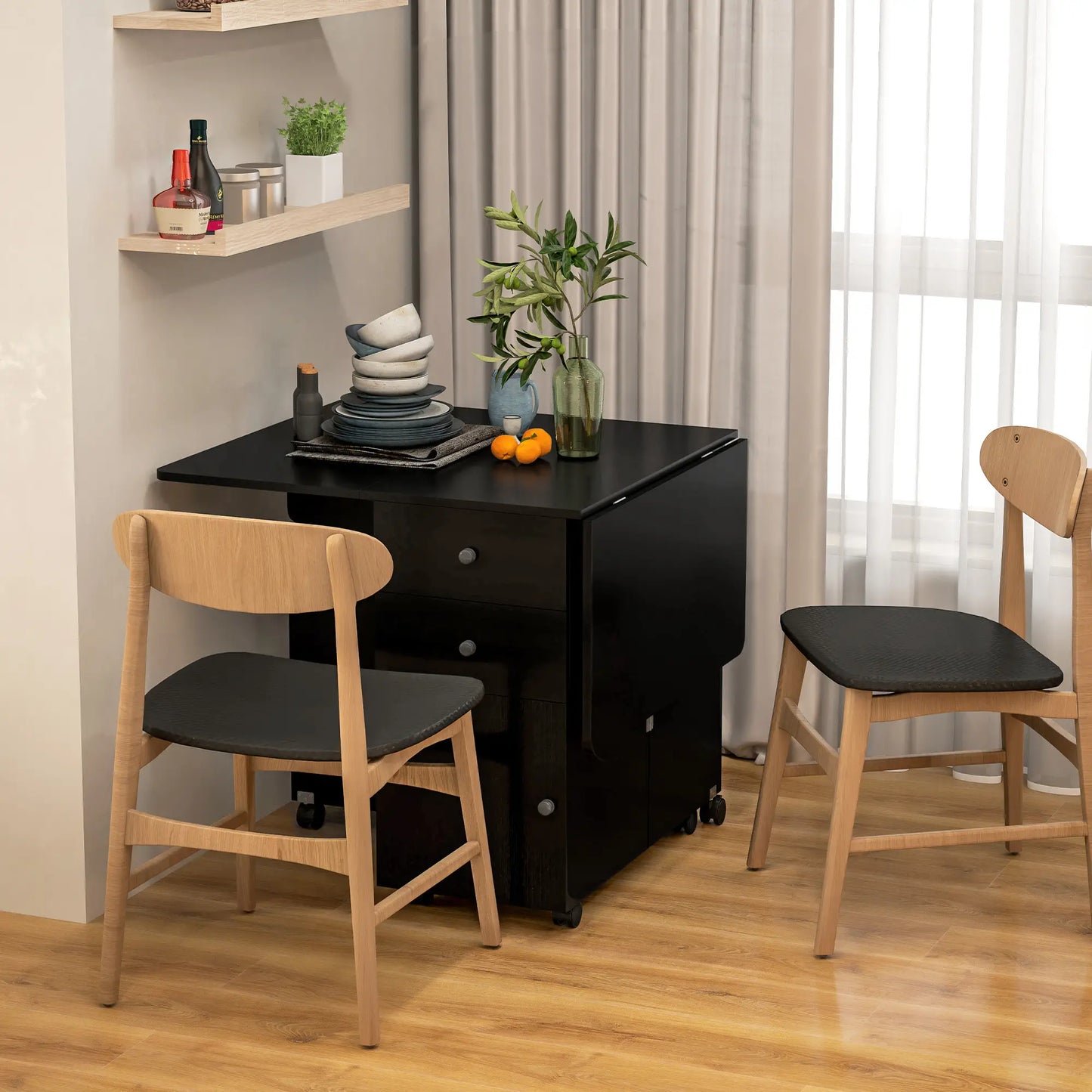 Extendable Drop Leaf Dining Table with Storage - Black Wood Grain
