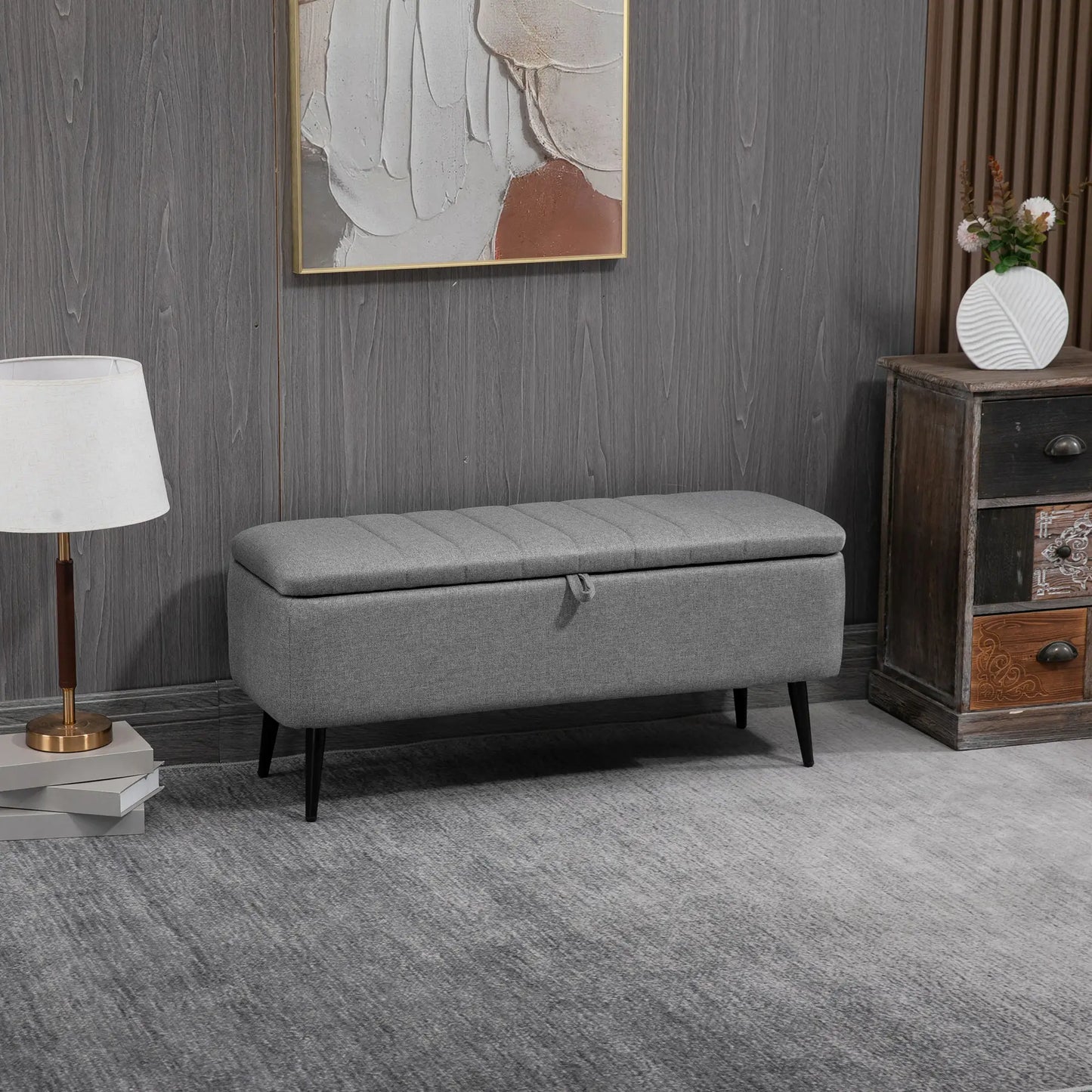 40" Linen Storage Ottoman Bench with Steel Legs, Gray