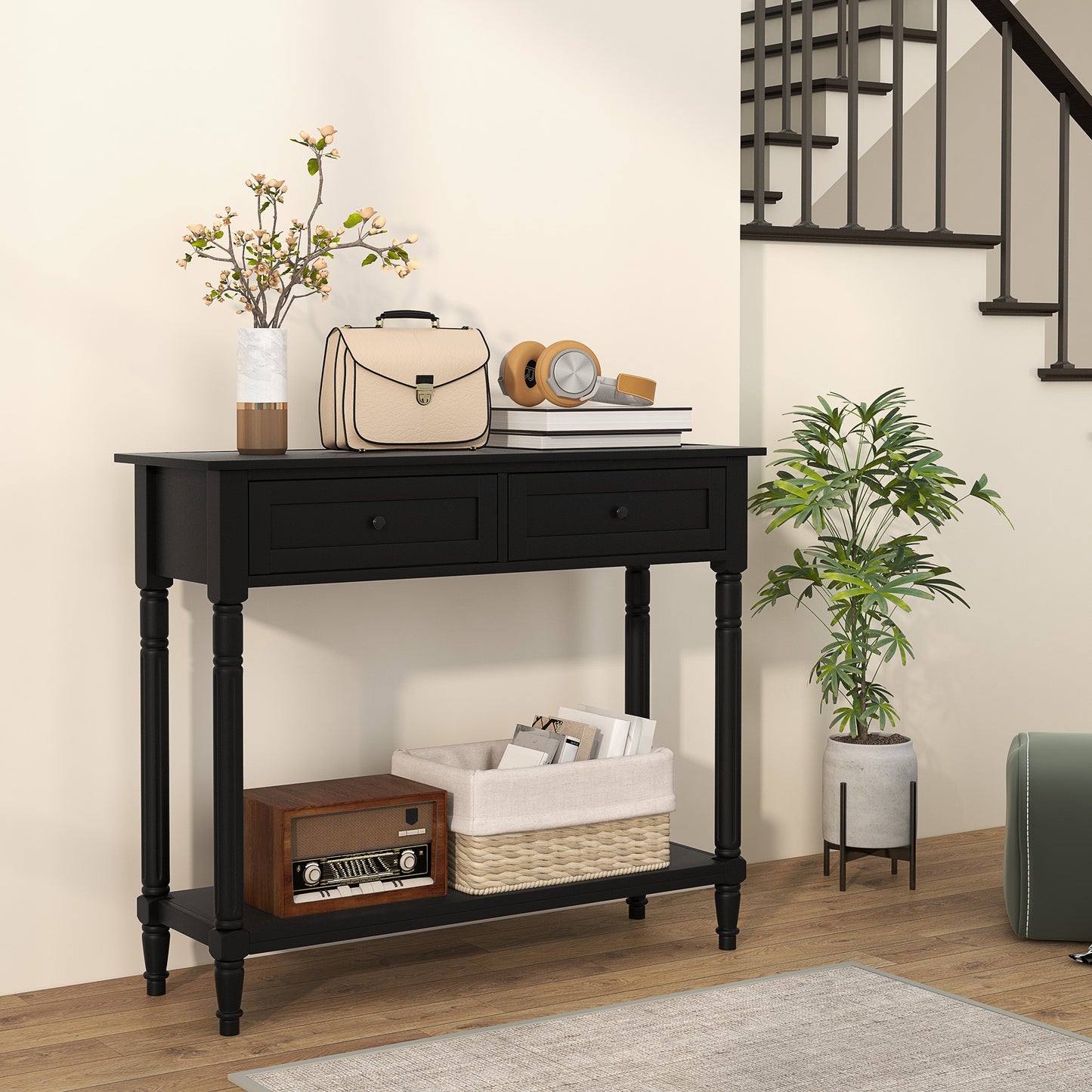 36" Console Table with Classic Turned Legs and Storage, Black