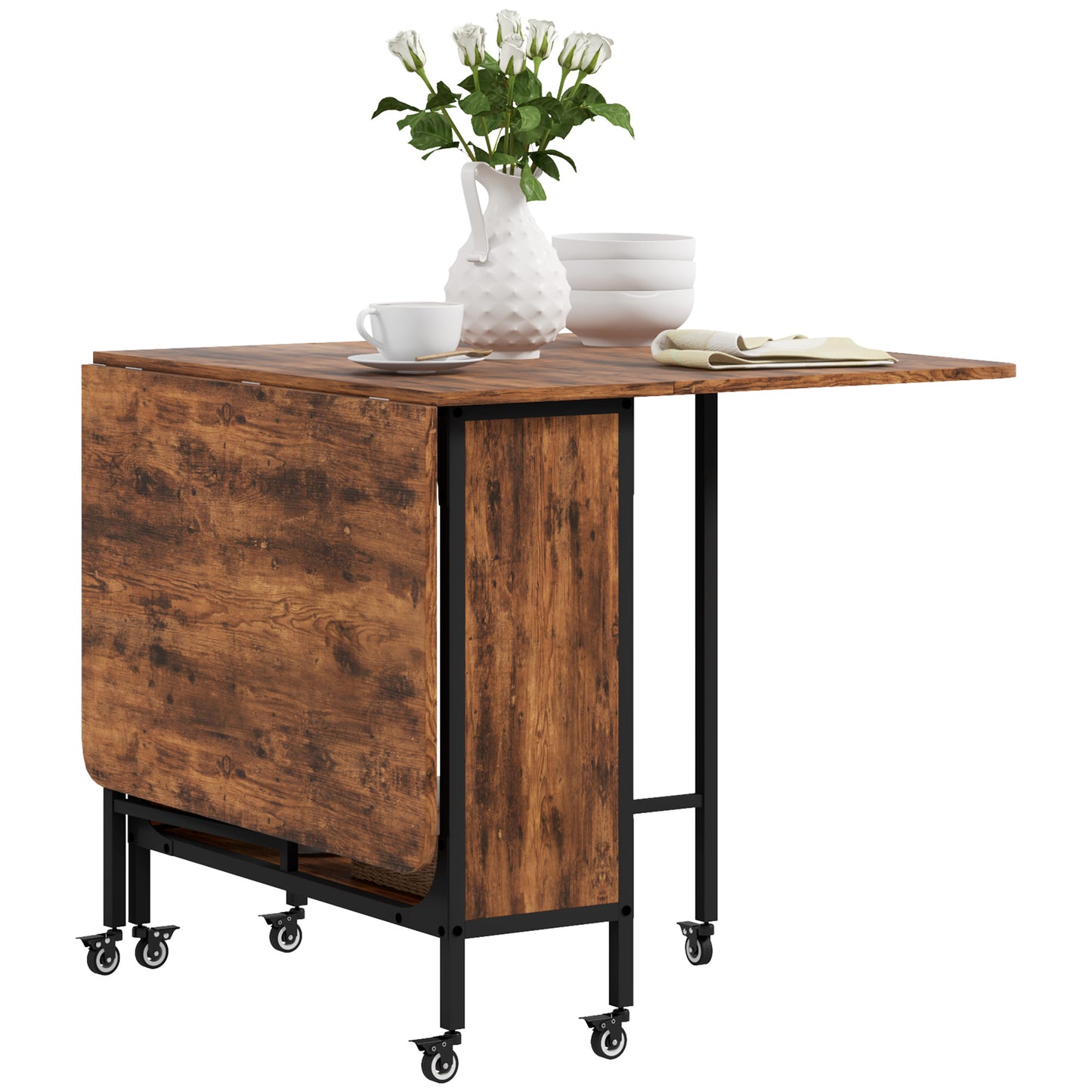 Folding Dining Table with Storage Shelf and 6 Wheels - Rustic Brown