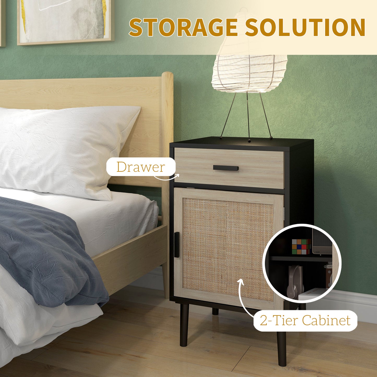 Boho Nightstands with Rattan Cabinet and Adjustable Shelf, Black (Set of 2)