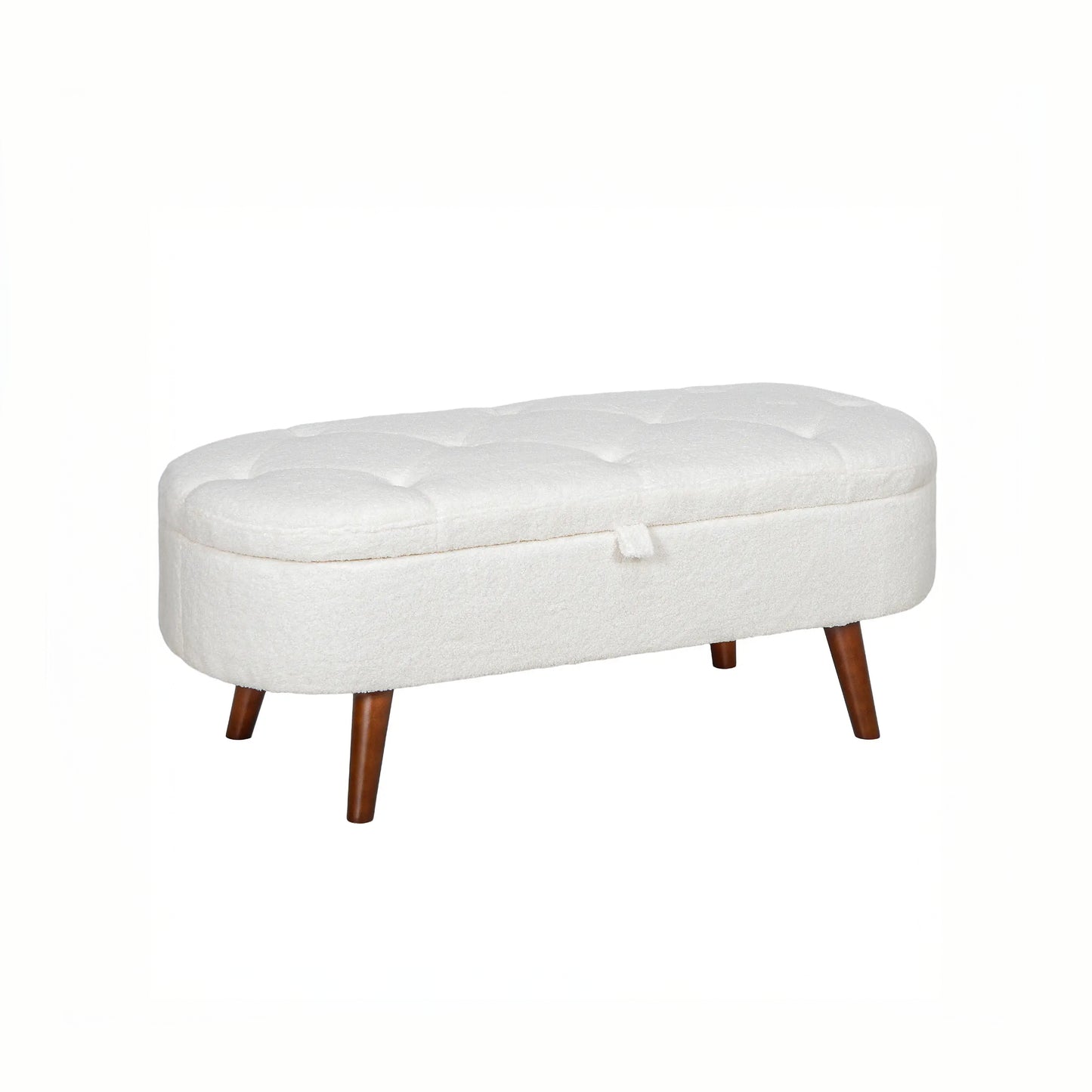 Boucle Storage Bench with Tufted Teddy Fleece Design, White