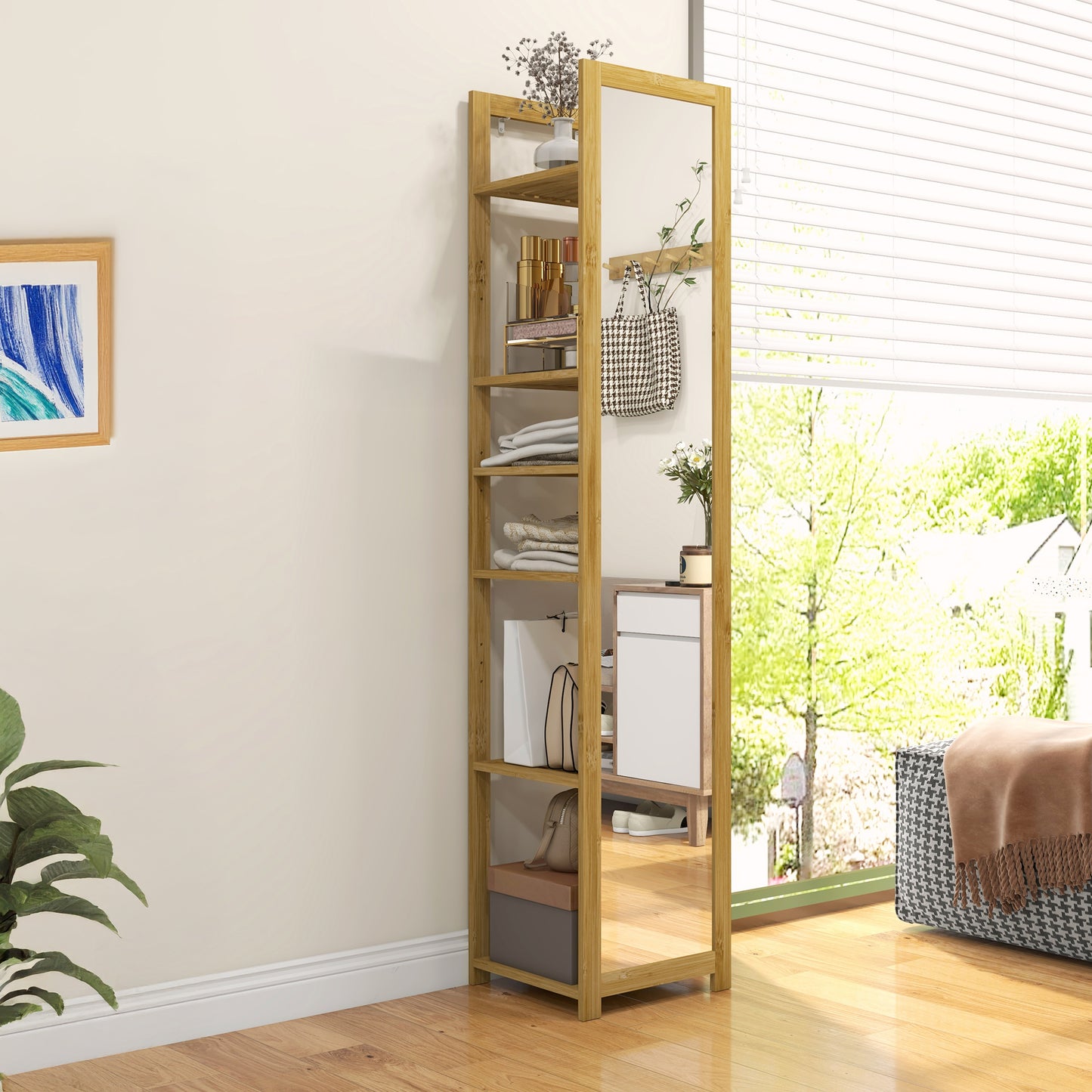 Standing Full Length Mirror with 6-Tier Storage Shelf, 66" x 14", Natural Wood