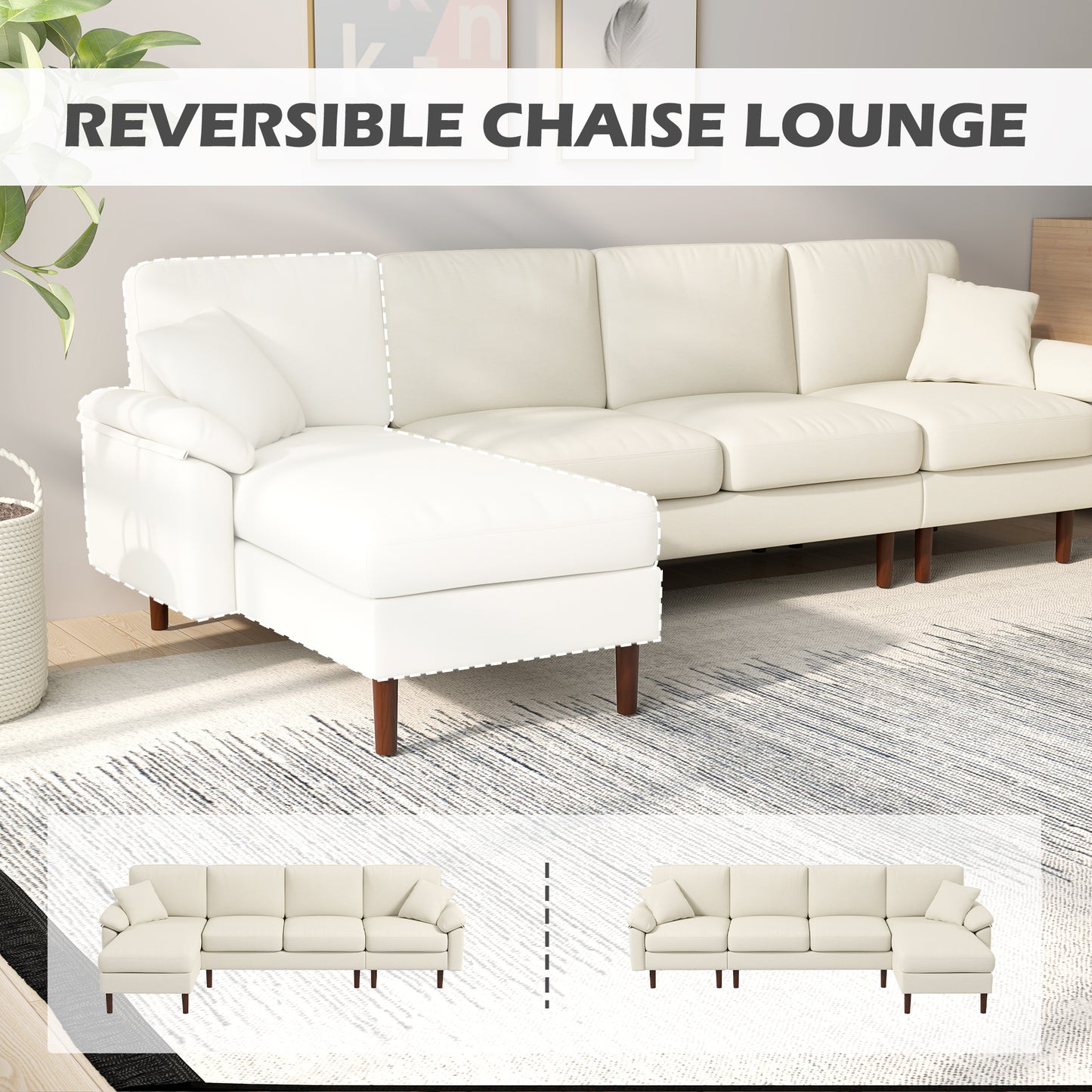L-Shaped Sectional Sofa with Reversible Chaise and Pillows, Cream White