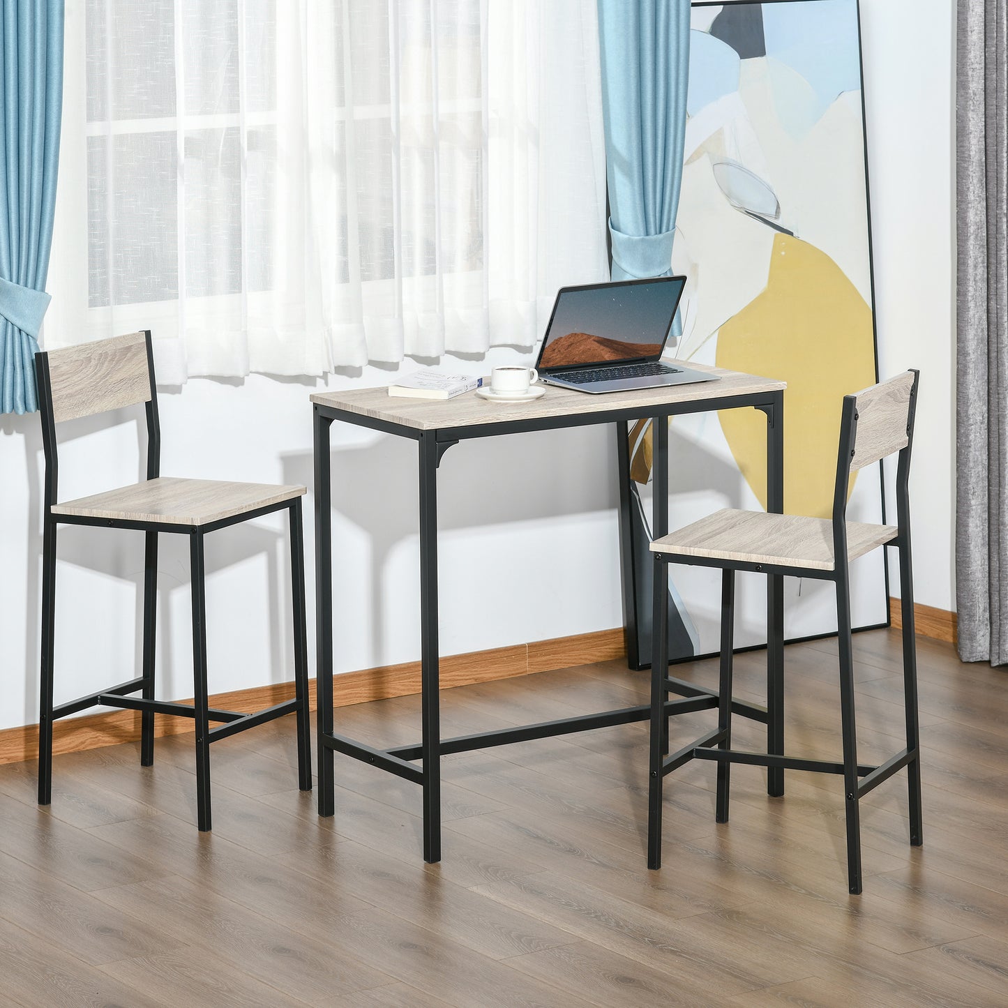 3-Piece Industrial Counter Height Table Set with High Back Stools - Natural Wood