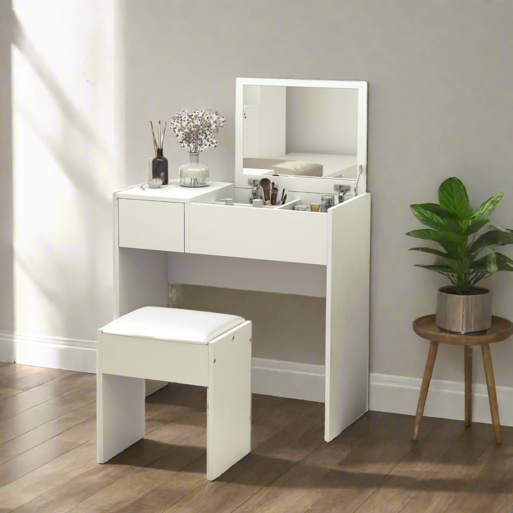 Dressing Table Set with Flip-Top Mirror and Cushioned Stool