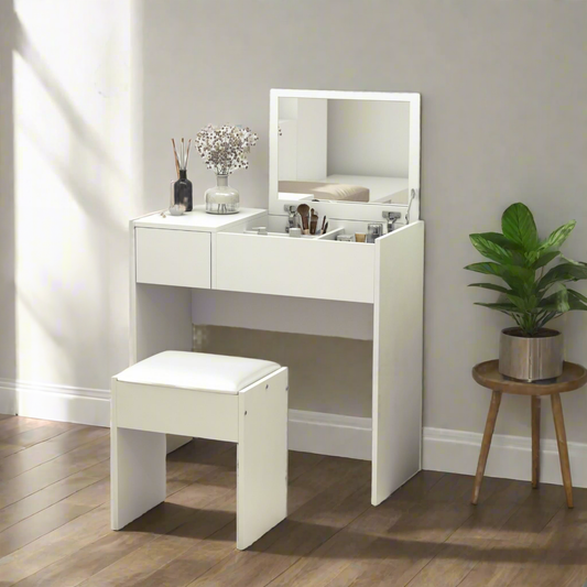 Dressing Table Set with Flip-Top Mirror and Cushioned Stool