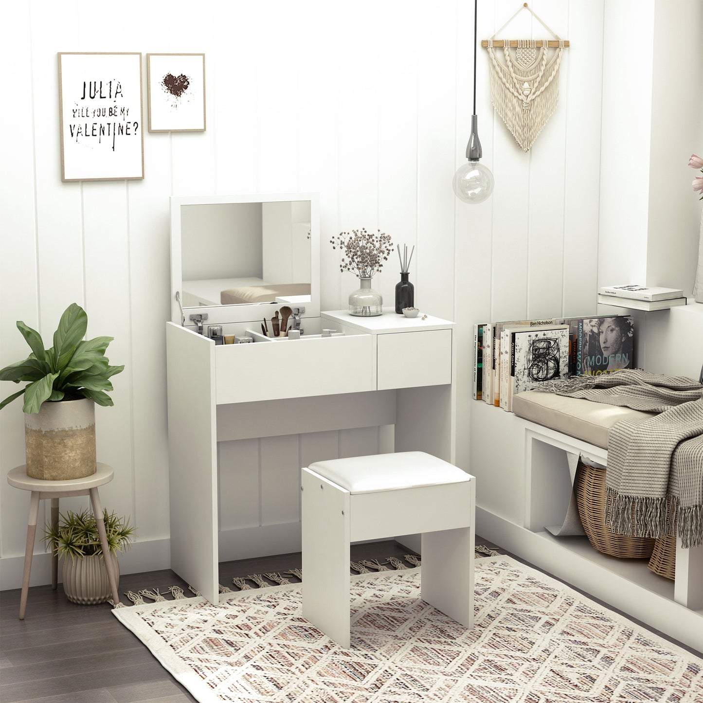 Dressing Table Set with Flip-Top Mirror and Cushioned Stool