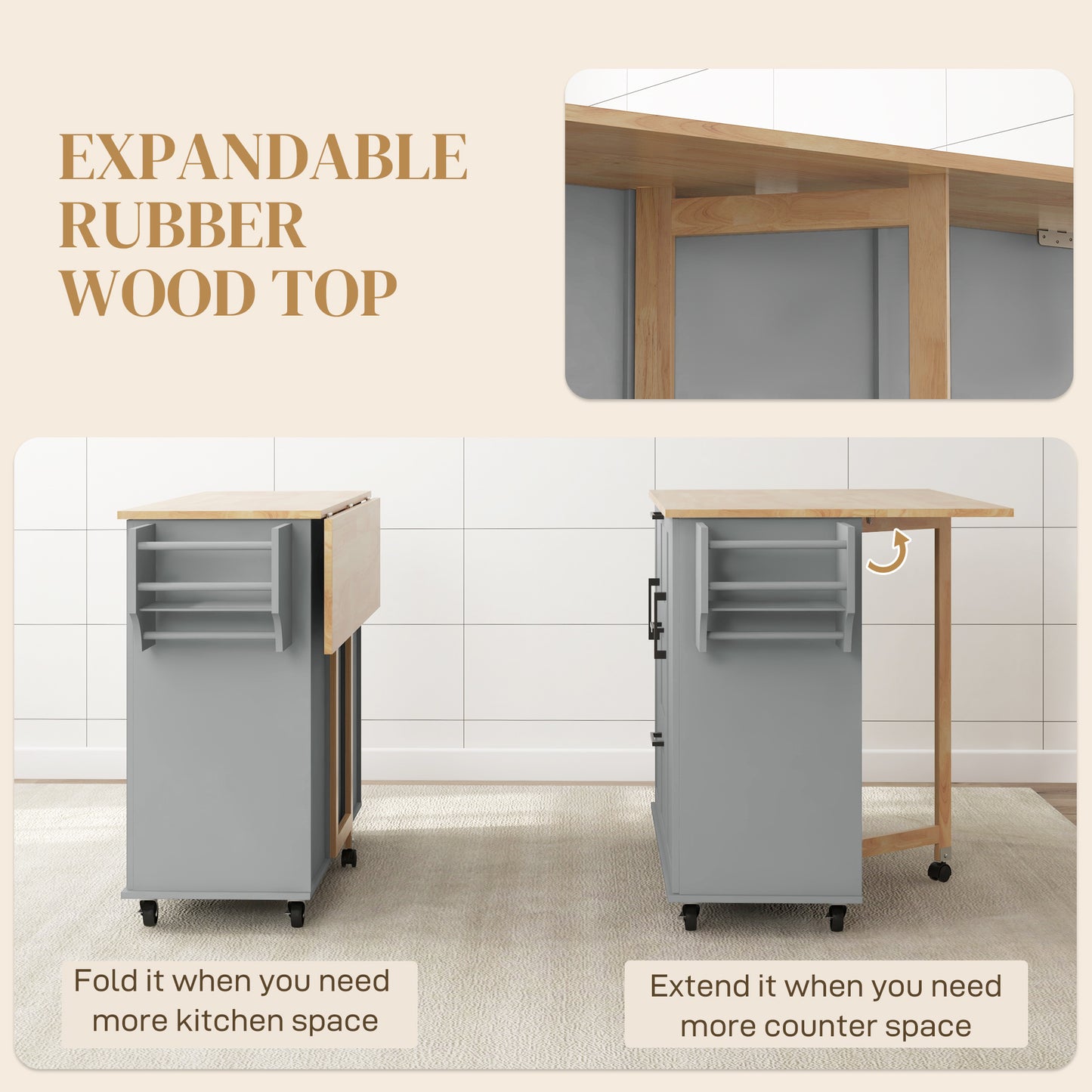 Rolling Kitchen Cart with Drop Leaf, 3 Drawers and Solid Wood Top, Grey