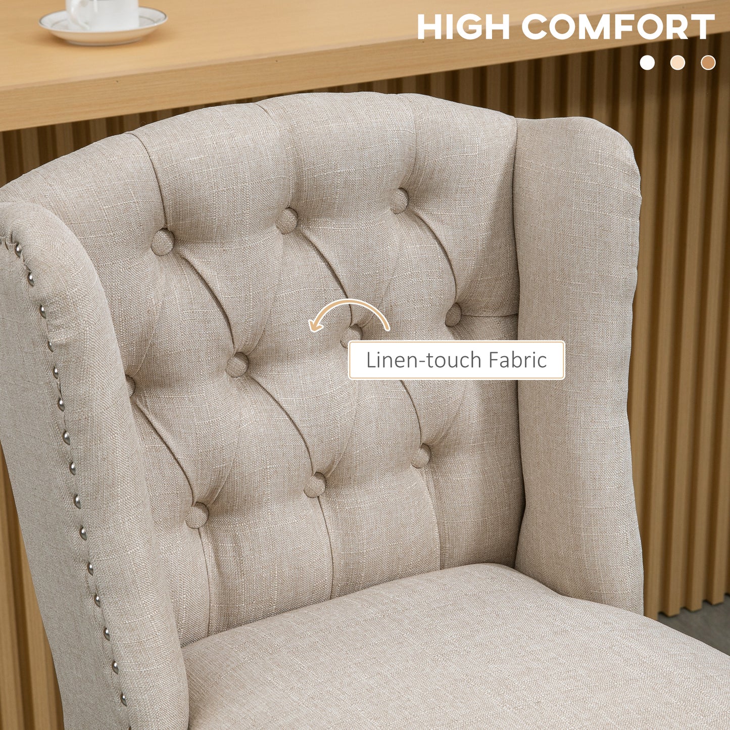 Upholstered Bar Stools with Tufted Nailhead Trim and Wood Legs, Beige (Set of 2)