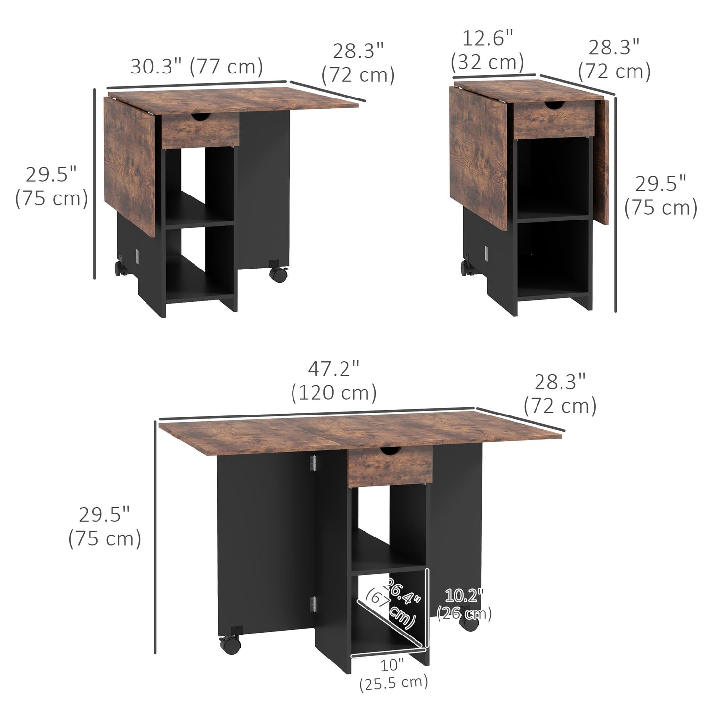 Folding Dining Table with Drawer and Storage Shelves - Rustic Brown