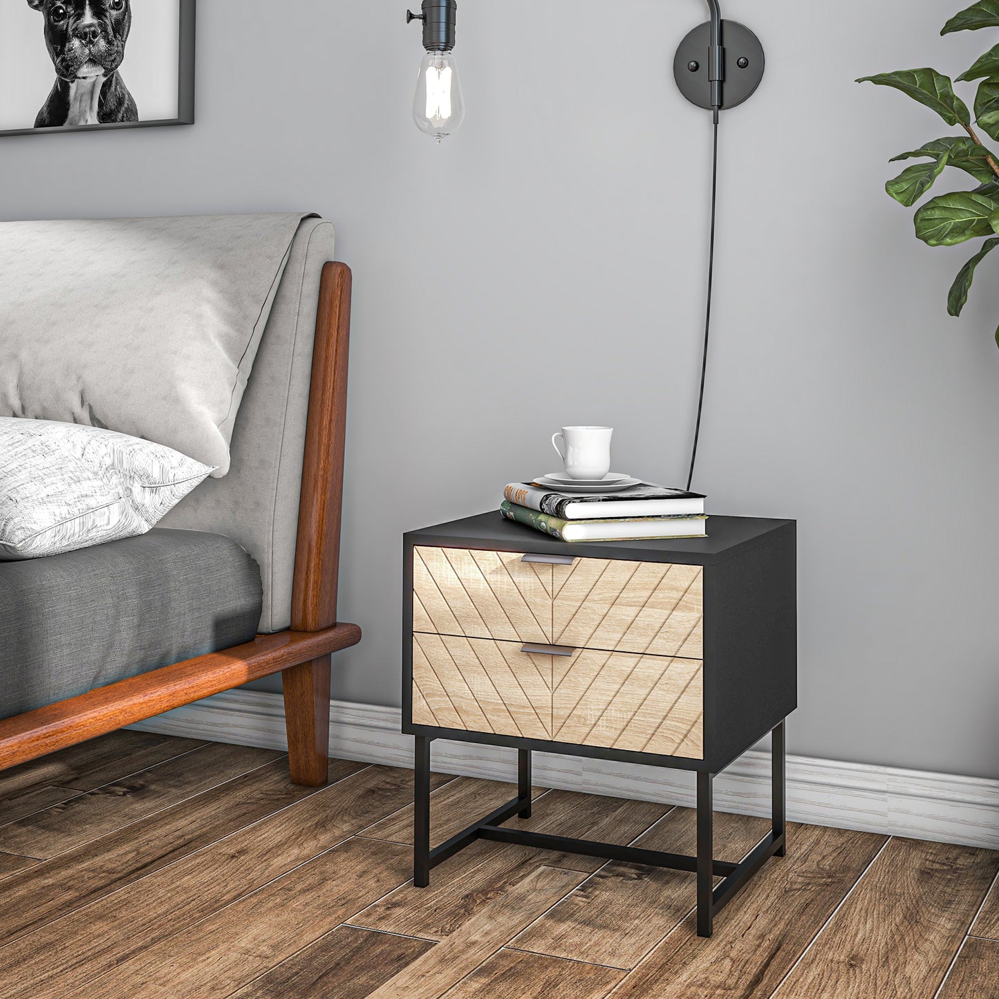 Modern Herringbone Nightstand with Steel Frame, Black and Oak