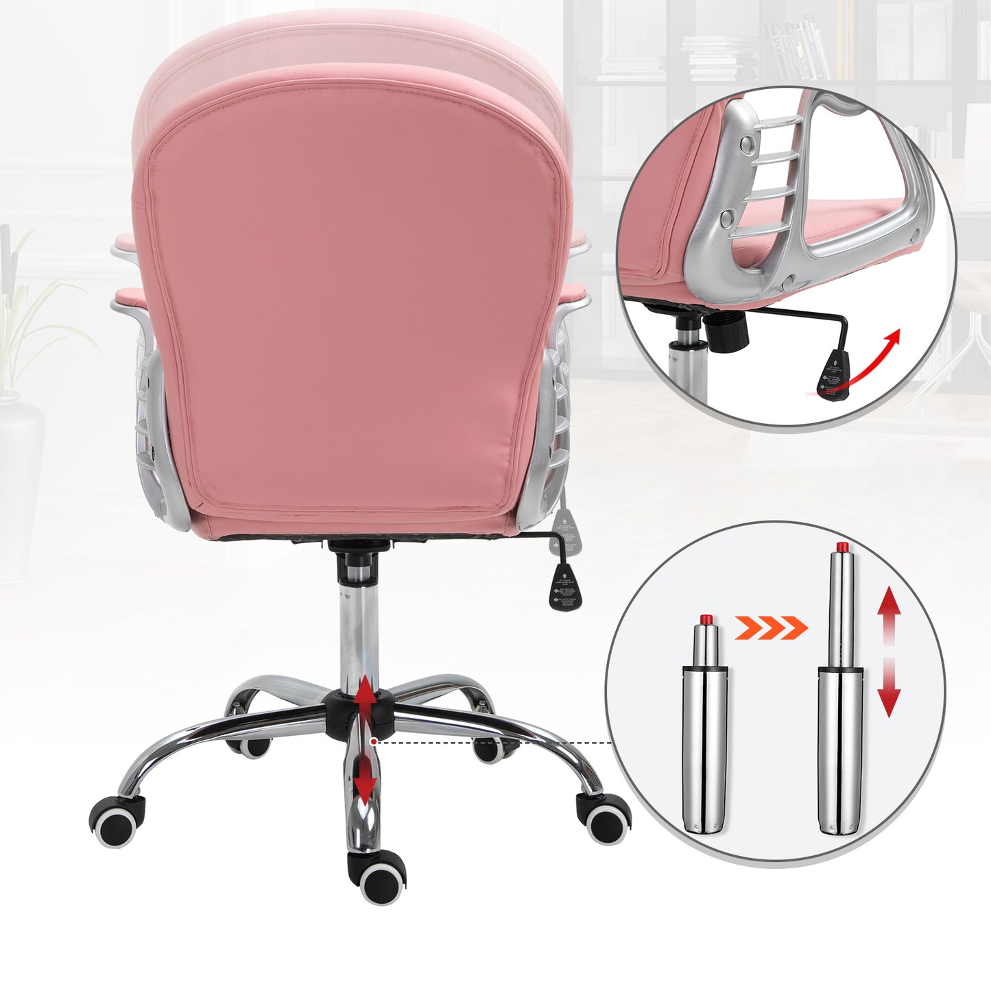 Tufted PU Leather Office Chair with 360° Swivel - Pink