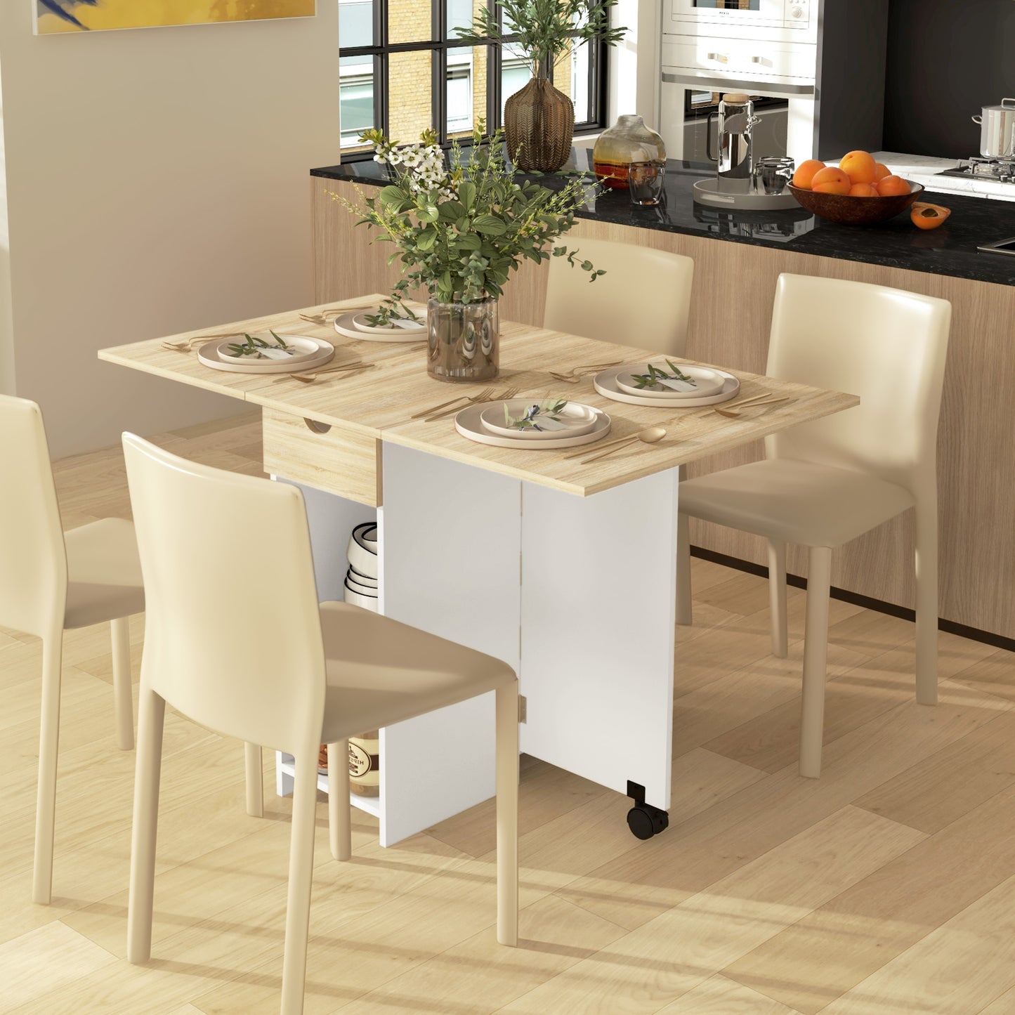 Folding Dining Table with Drawer and Storage Shelves - Oak