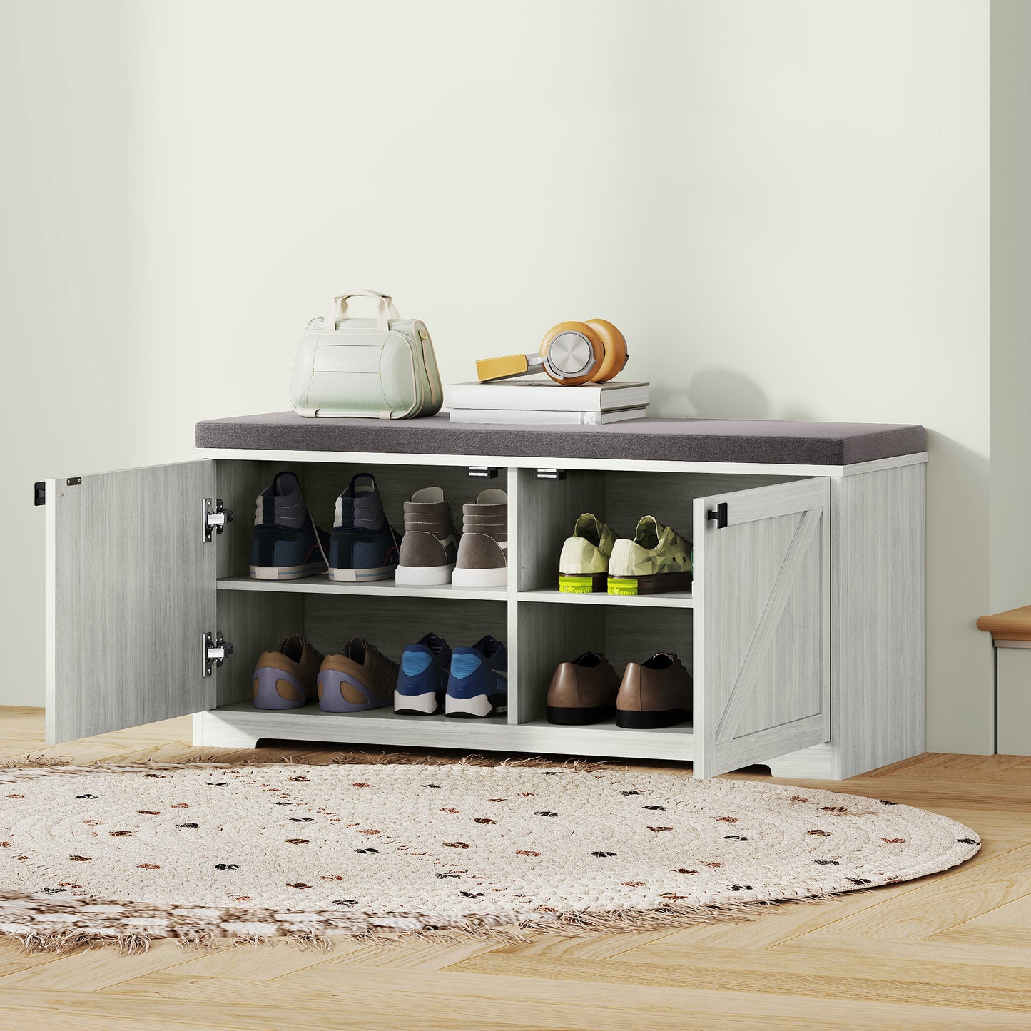 Padded Shoe Storage Bench with 4 Compartments for 8 Pairs, Light Grey