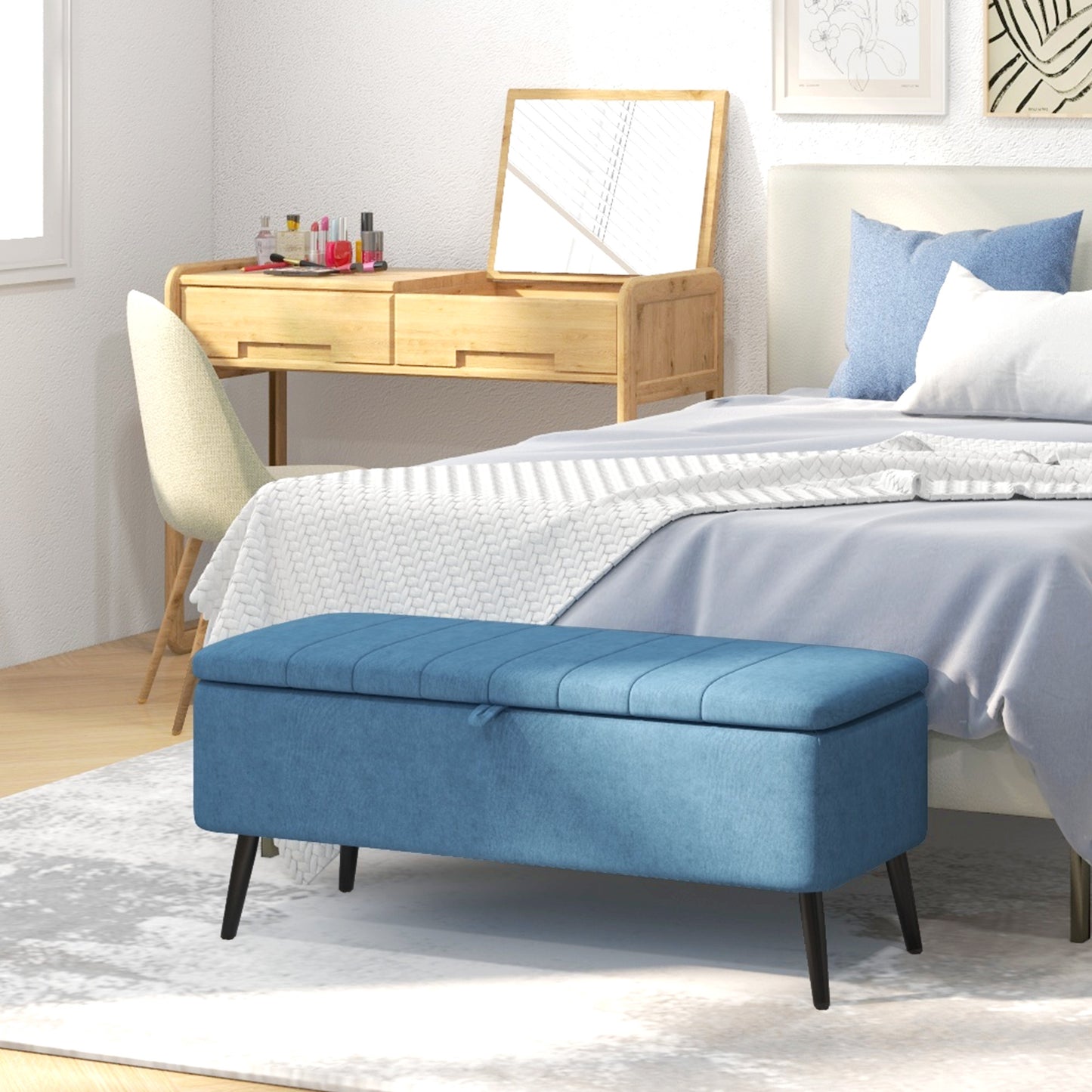 40" Linen Storage Ottoman Bench with Steel Legs, Dark Blue