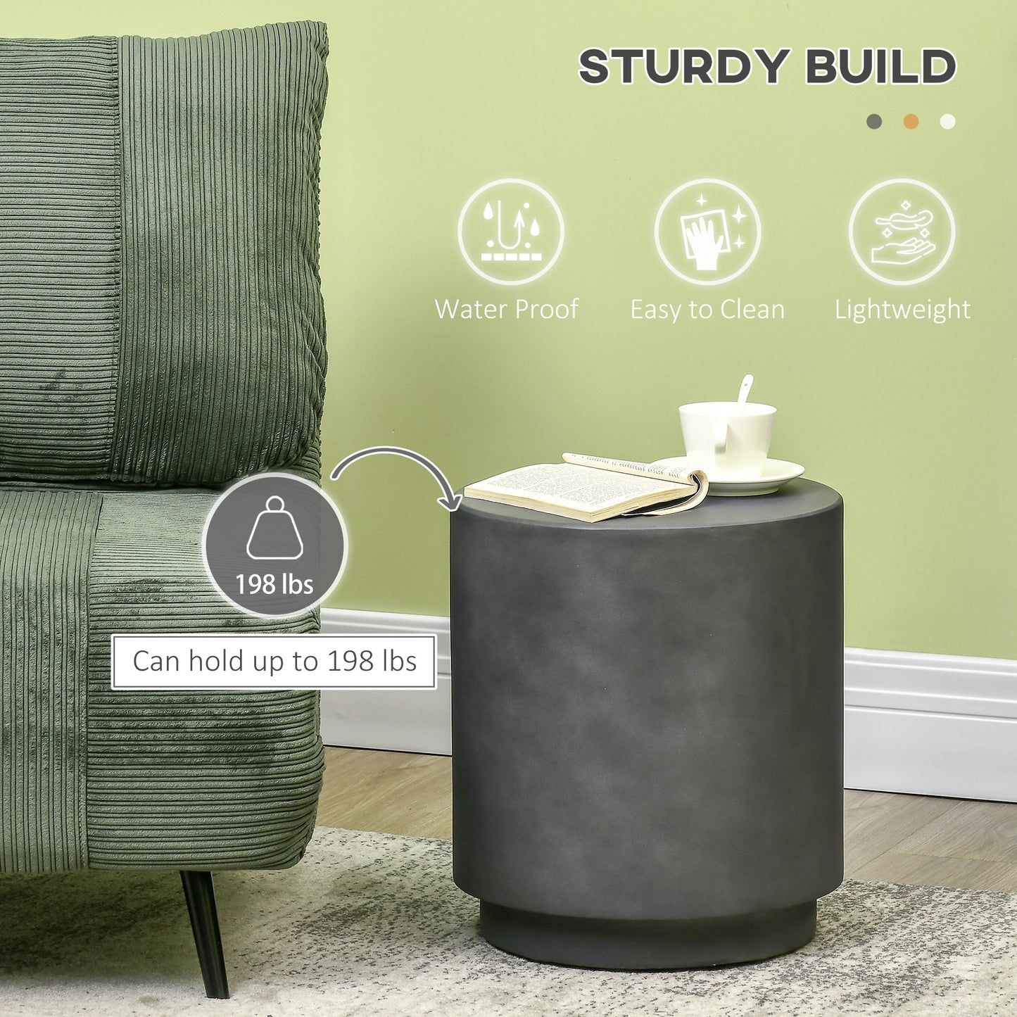17" Round Terrazzo Finish Side Table for Indoor and Outdoor Use, Charcoal Gray