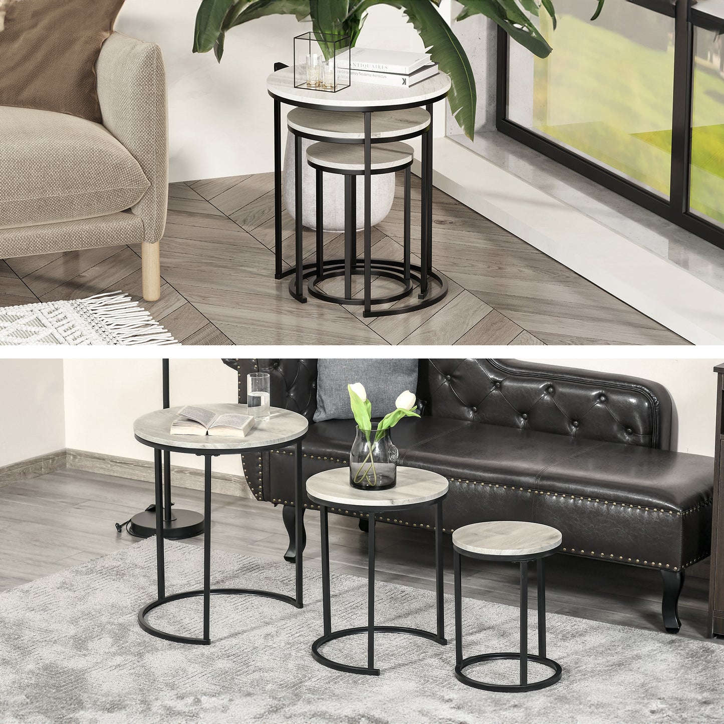 Round Nesting Coffee Table Set of 3 with Steel Frame - Grey