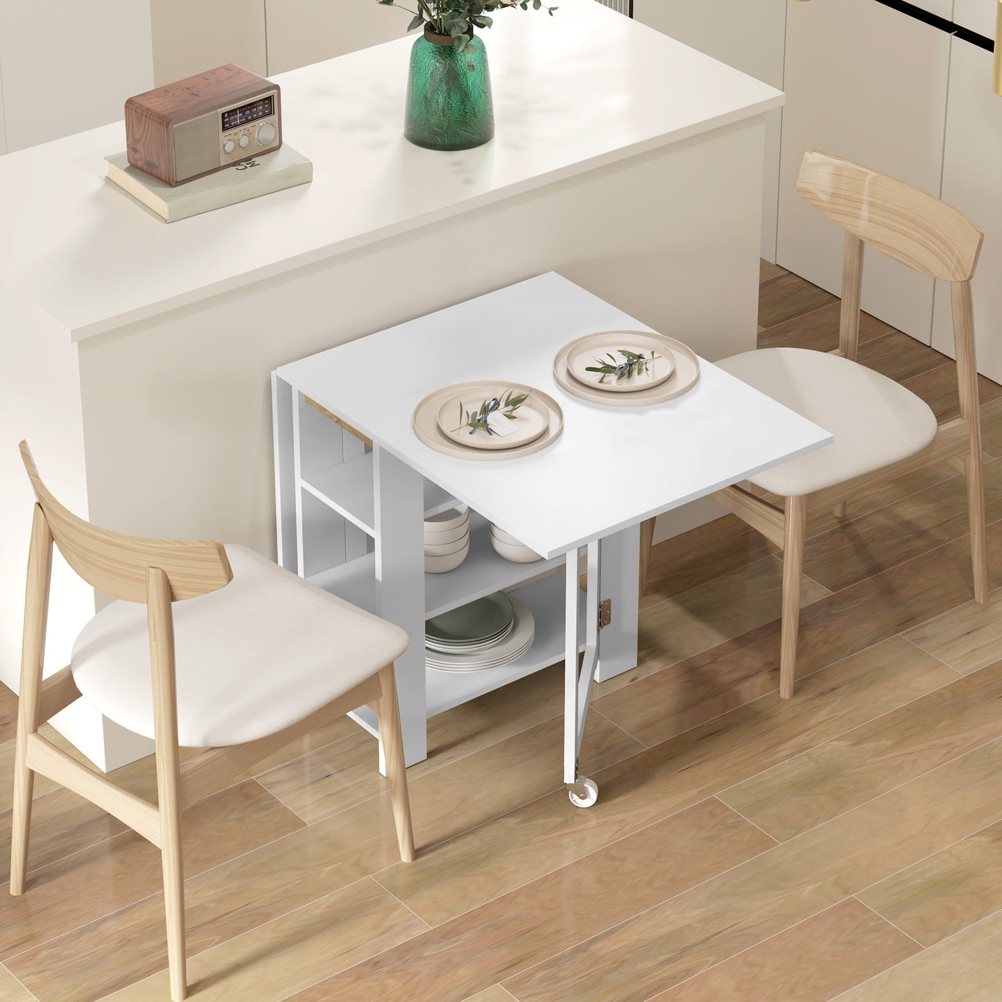 Folding Dining Table with Built-In Storage Shelves - White