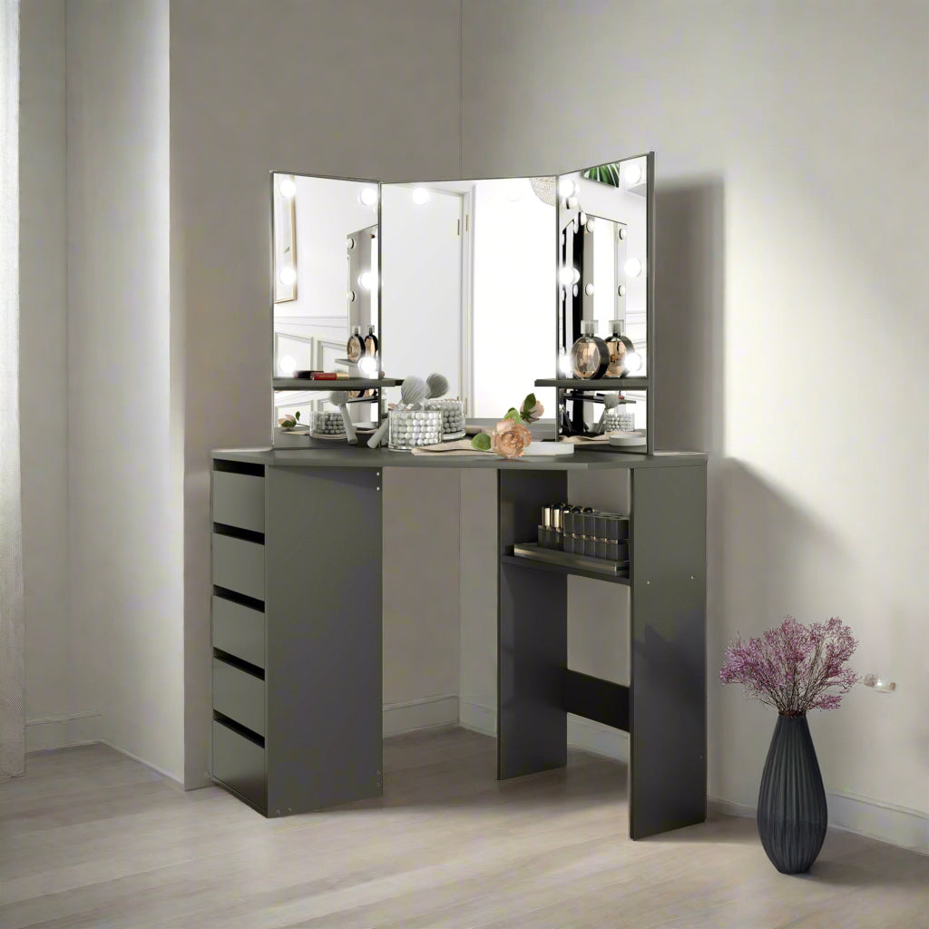 Corner Makeup Vanity with Triple Mirror and LED Lights