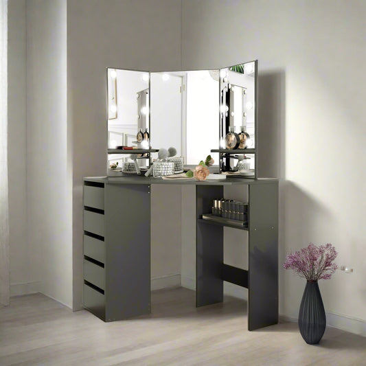 Corner Makeup Vanity with Triple Mirror and LED Lights