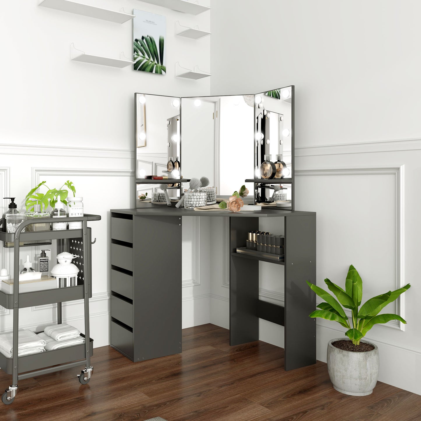 Corner Makeup Vanity with Triple Mirror and LED Lights