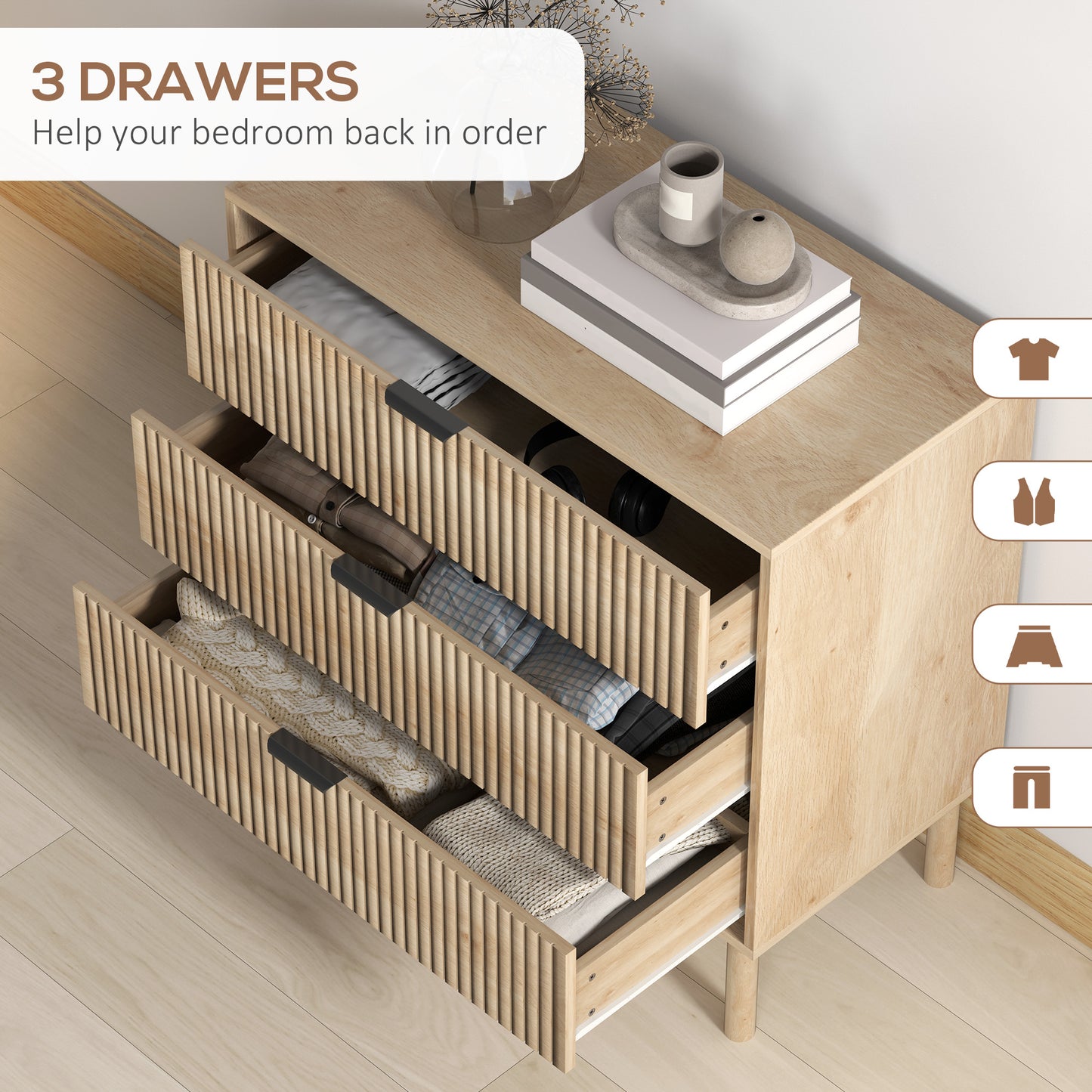 3-Drawer Dresser with Fluted Panels