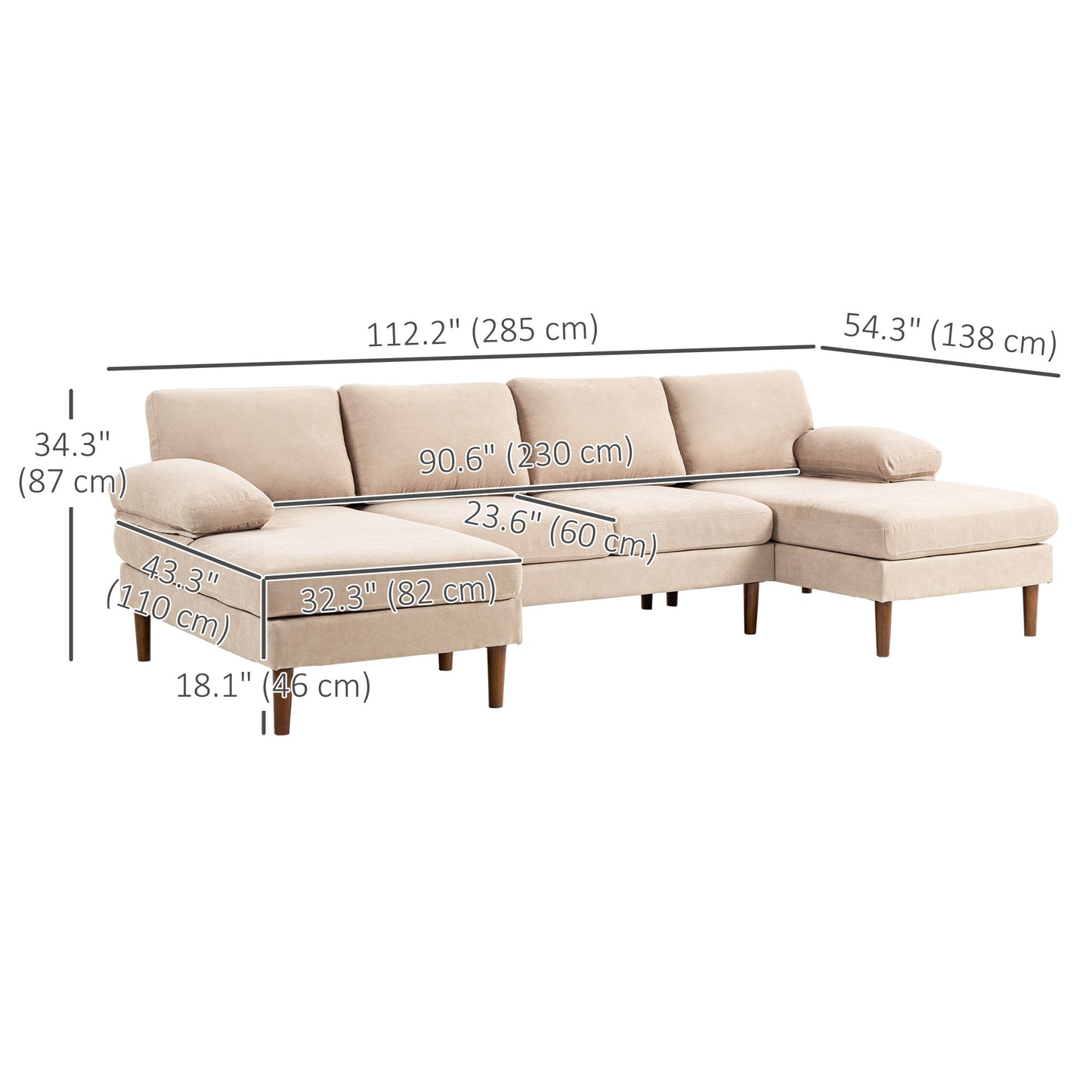 U-Shaped Sectional Sofa with Double Chaise Lounge, Beige