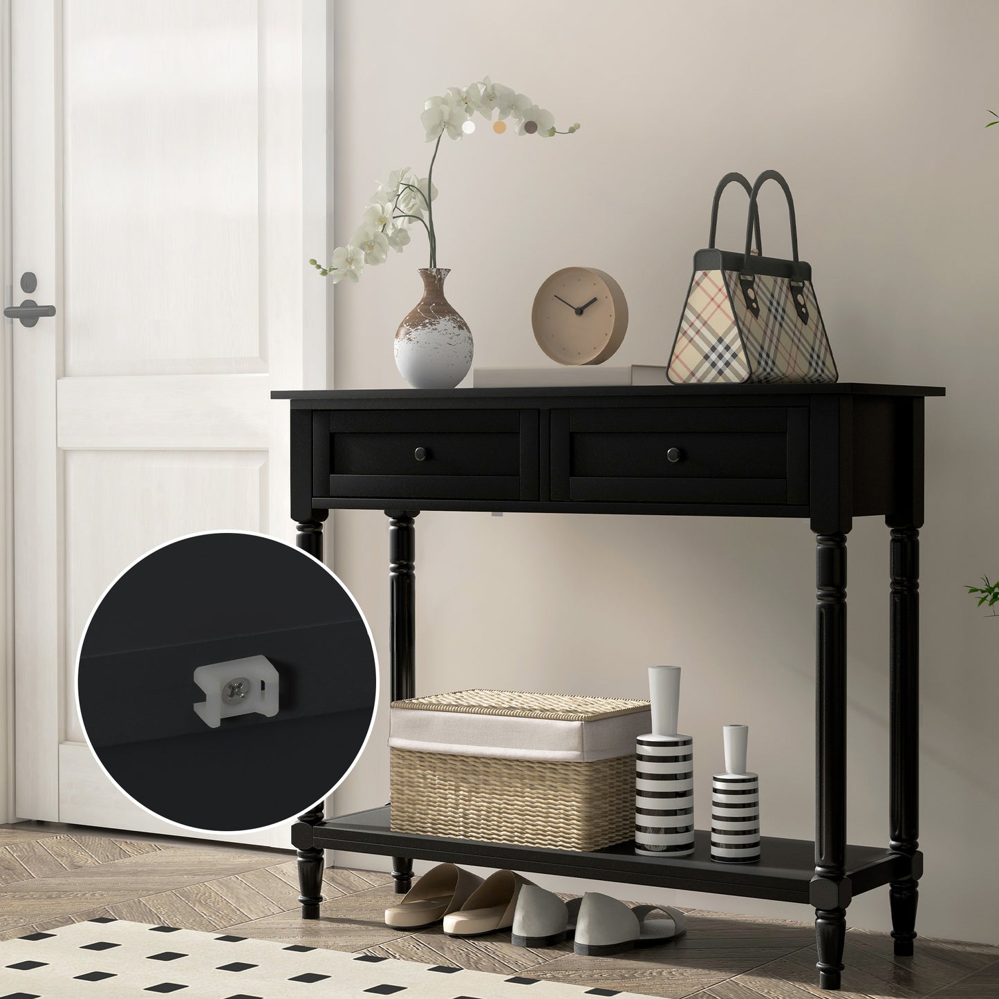 36" Console Table with Classic Turned Legs and Storage, Black