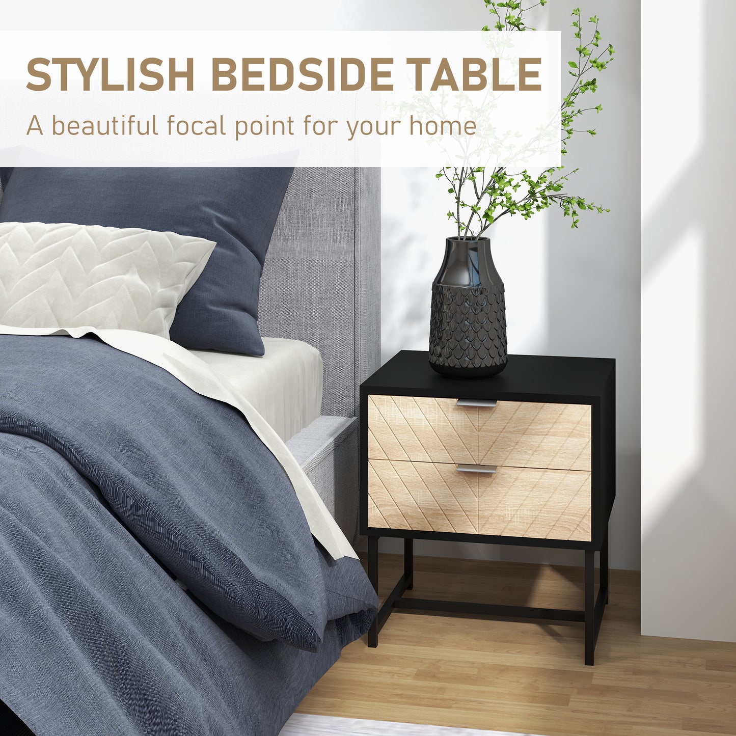 Modern Herringbone Nightstand with Steel Frame, Black and Oak
