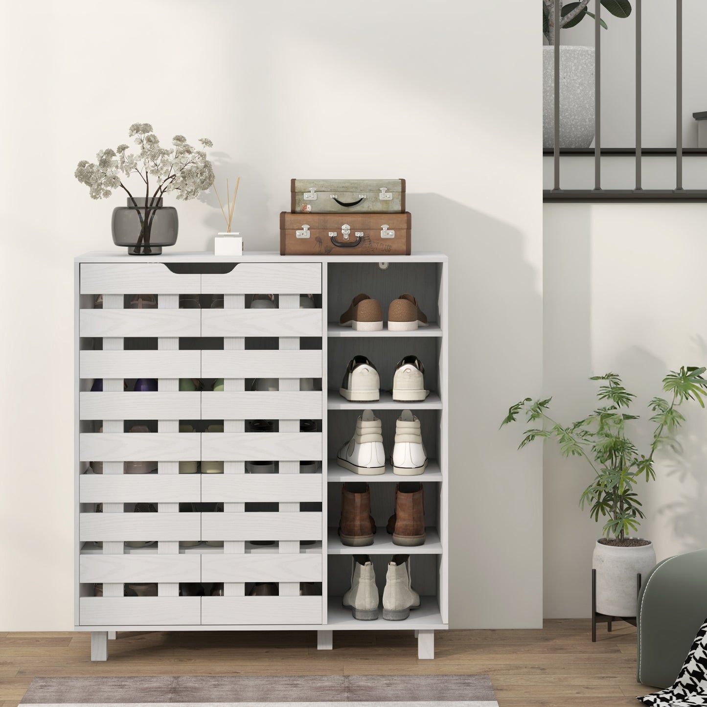 21 Pair Shoe Storage Cabinet with Double Doors and Open Shelves, White