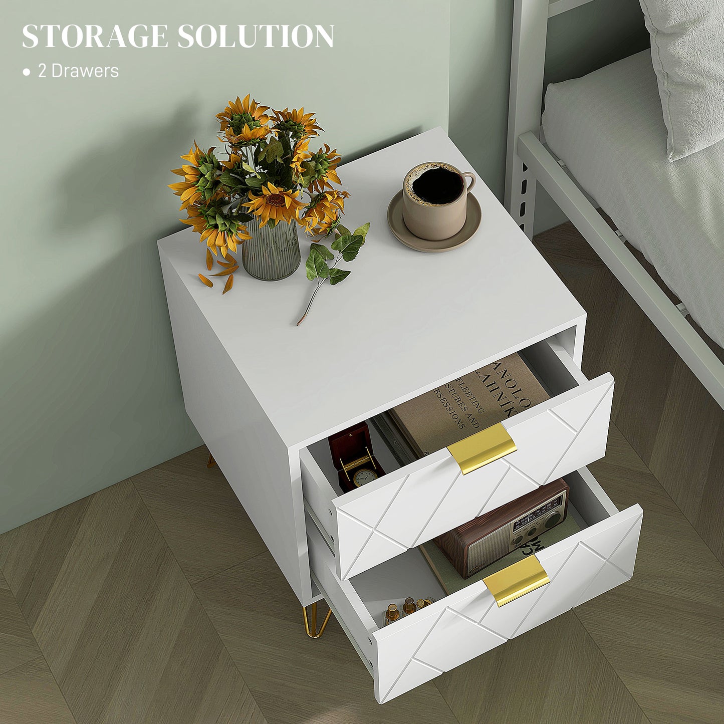 Modern Bedside Table with Gold Hairpin Legs and 2 Drawers, White