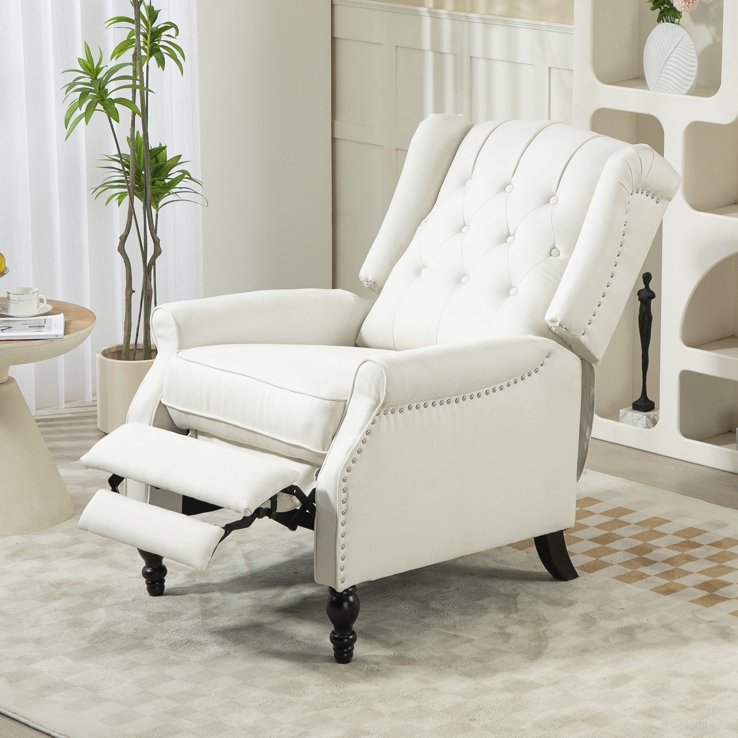 Wingback Reclining Chair with Button Tufting, Cream White