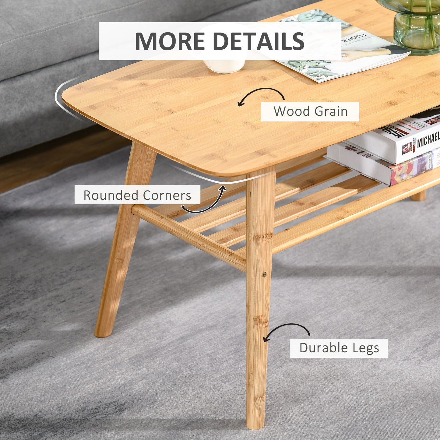 2-Tier Bamboo Coffee Table with Storage Shelf, Natural