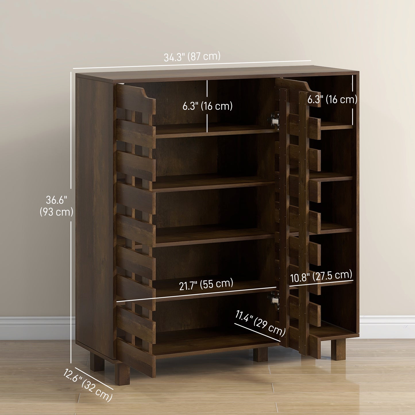 21 Pair Shoe Storage Cabinet with Double Doors and Open Shelves, Brown