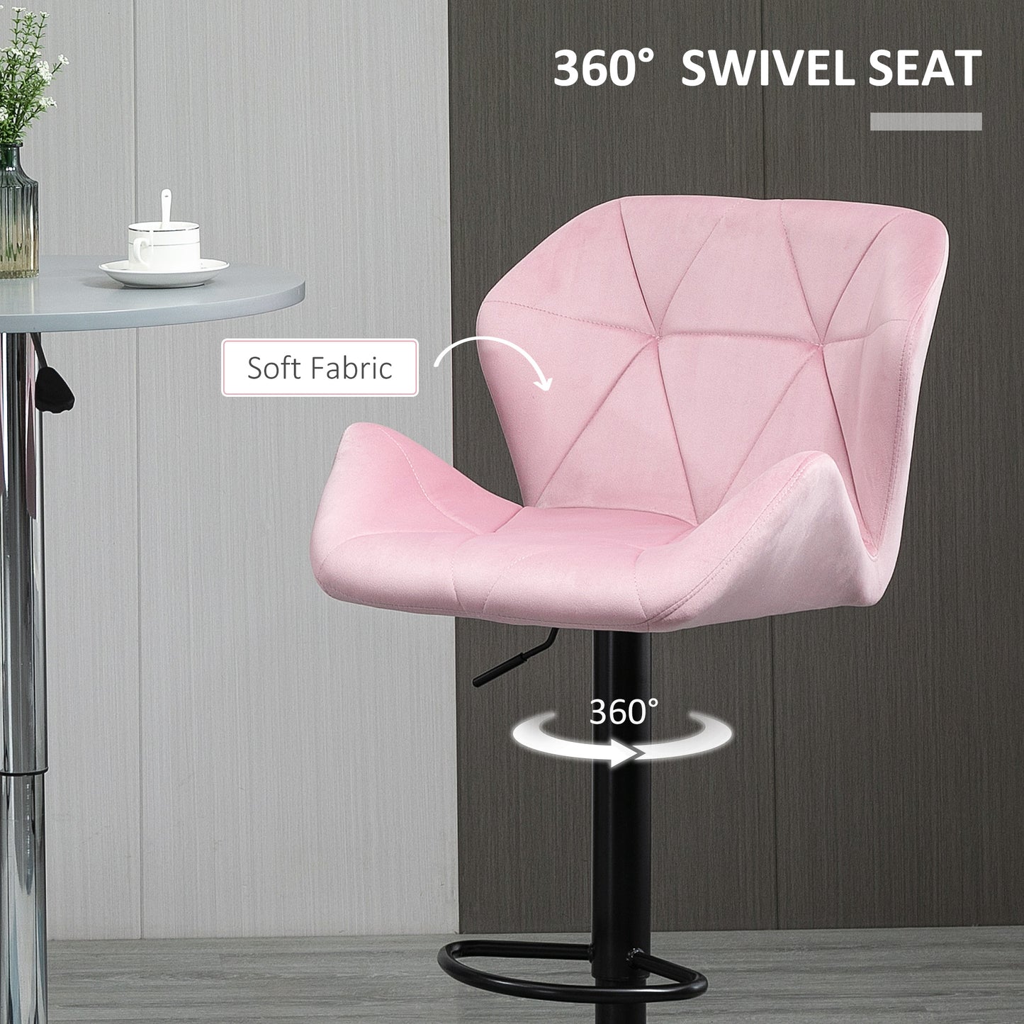 Velvet-Touch Adjustable Height Bar Stools with Diamond Tufting, Pink (Set of 2)