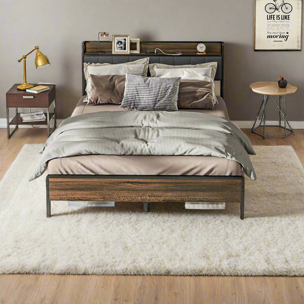 Full Size Bed Frame with Upholstered Headboard and Charging Station
