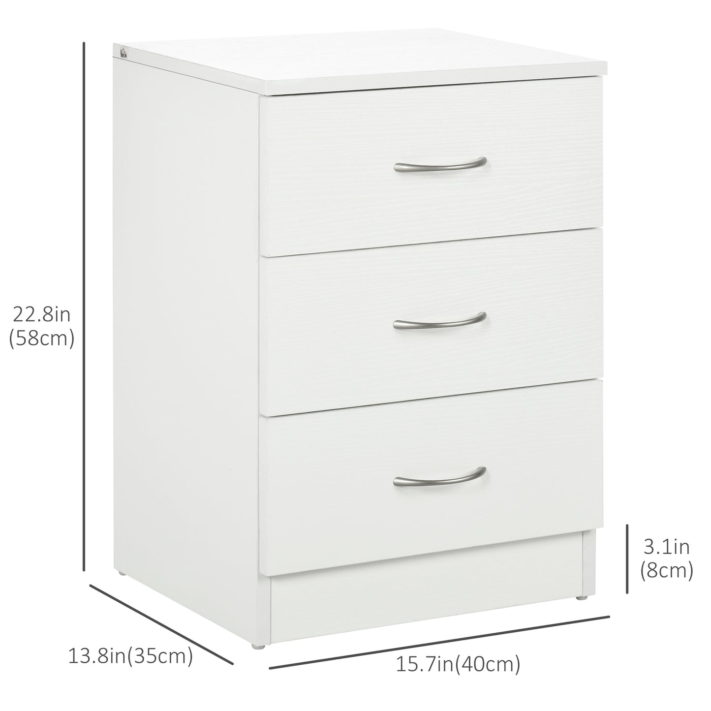 Bedside Table with 3 Drawers, Modern Wood Nightstand, White