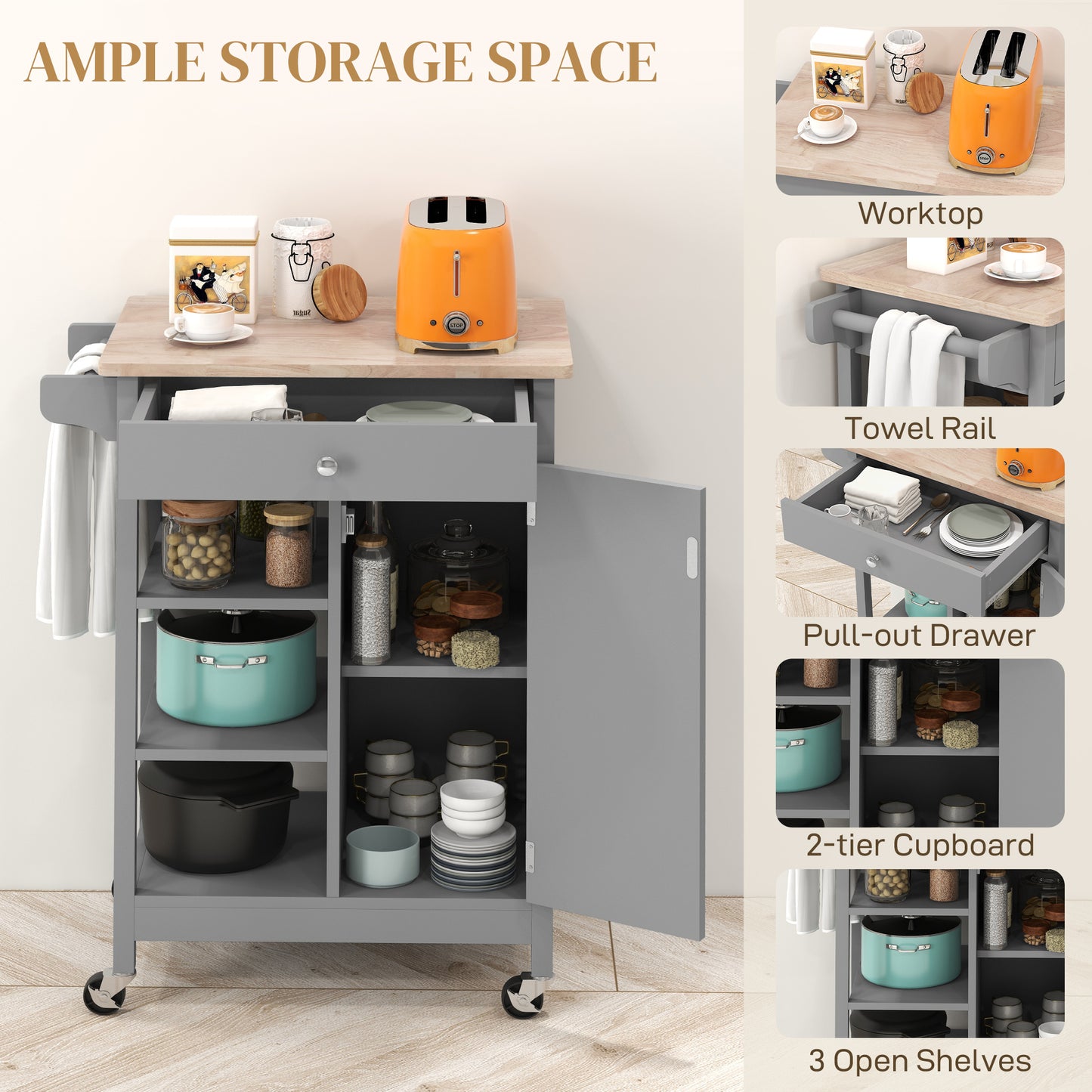 Modern Rolling Kitchen Island Cart with Natural Wood Top, Grey