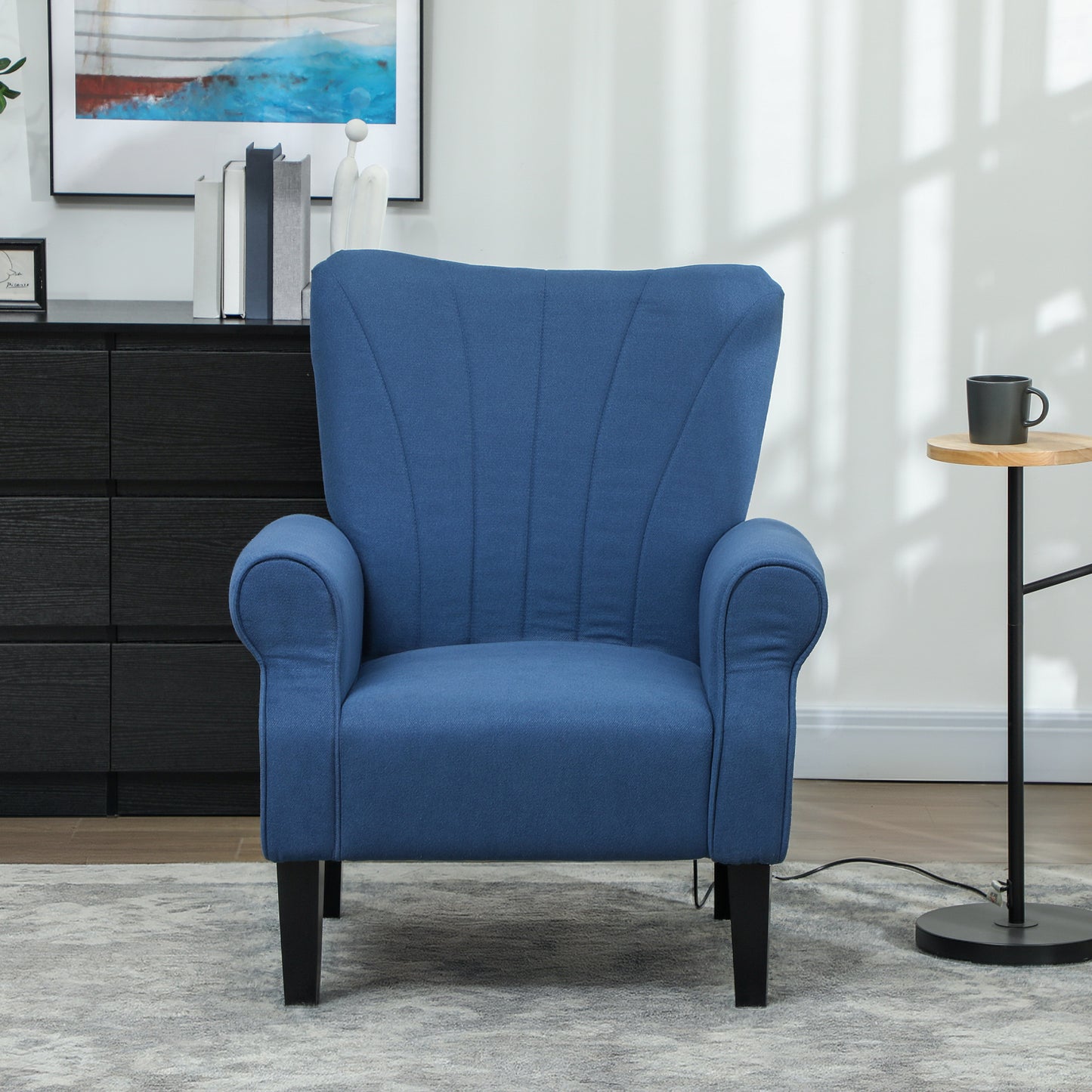 Fabric Wingback Accent Chair with Wood Legs, Dark Blue