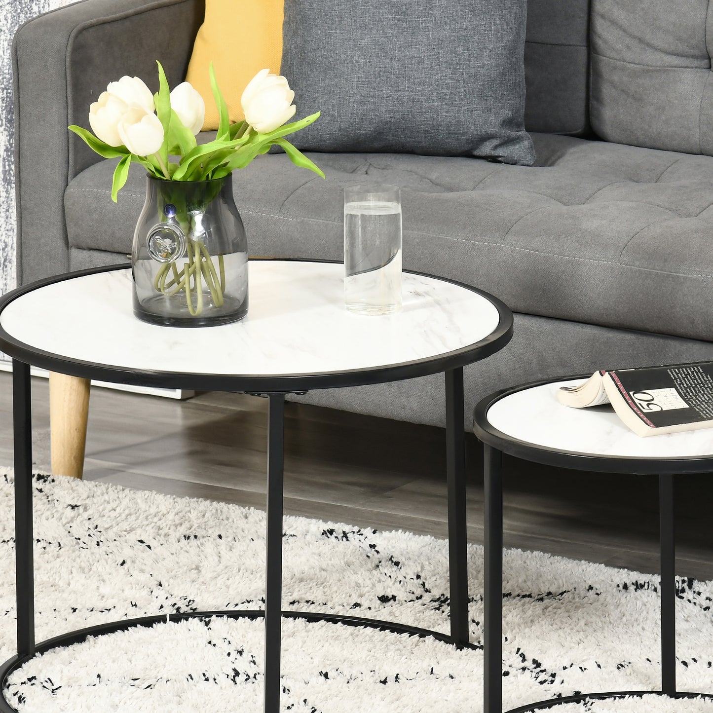 White Round Nesting Coffee Tables with Faux Marble Top