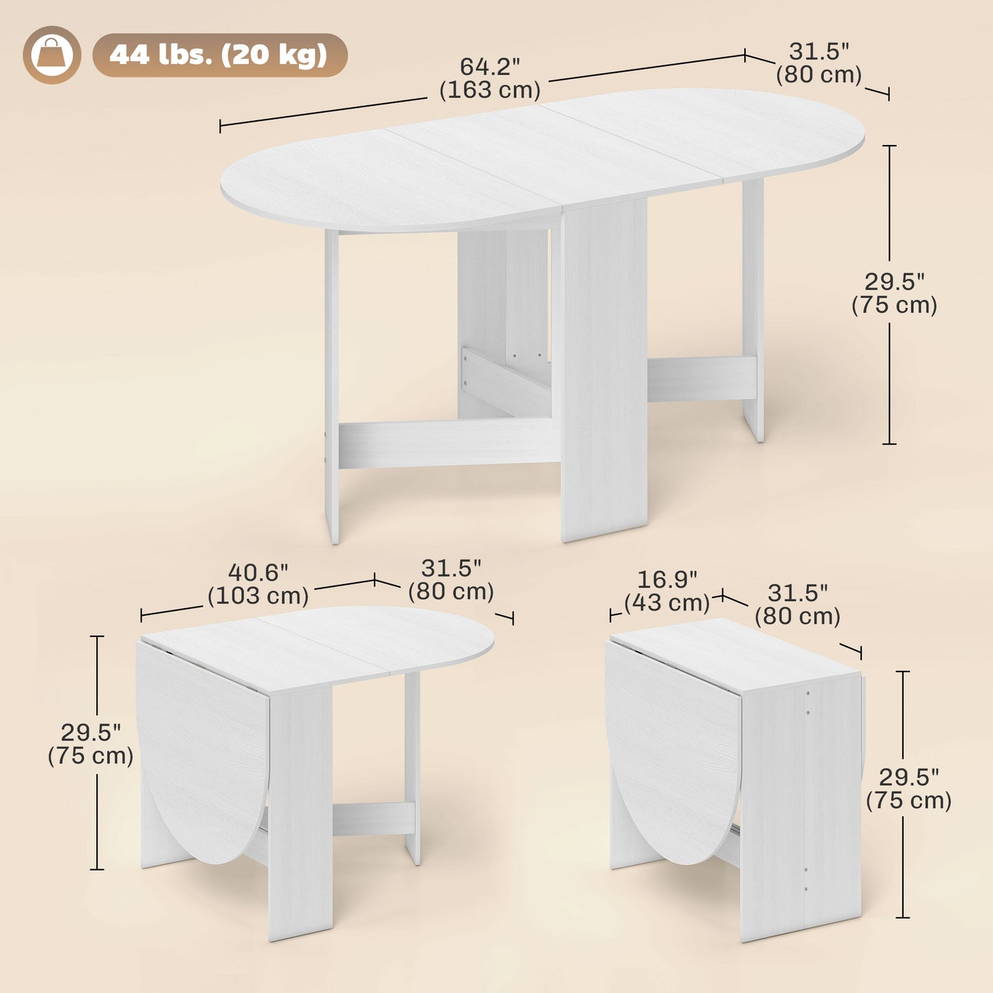 Oval Drop Leaf Dining Table with Space-Saving Design for Up to 6 People, Distressed White