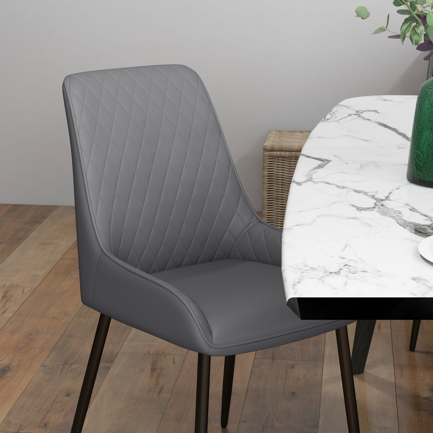 PU Leather Dining Chairs with Diamond Tufting and Metal Legs, Grey (Set of 4)