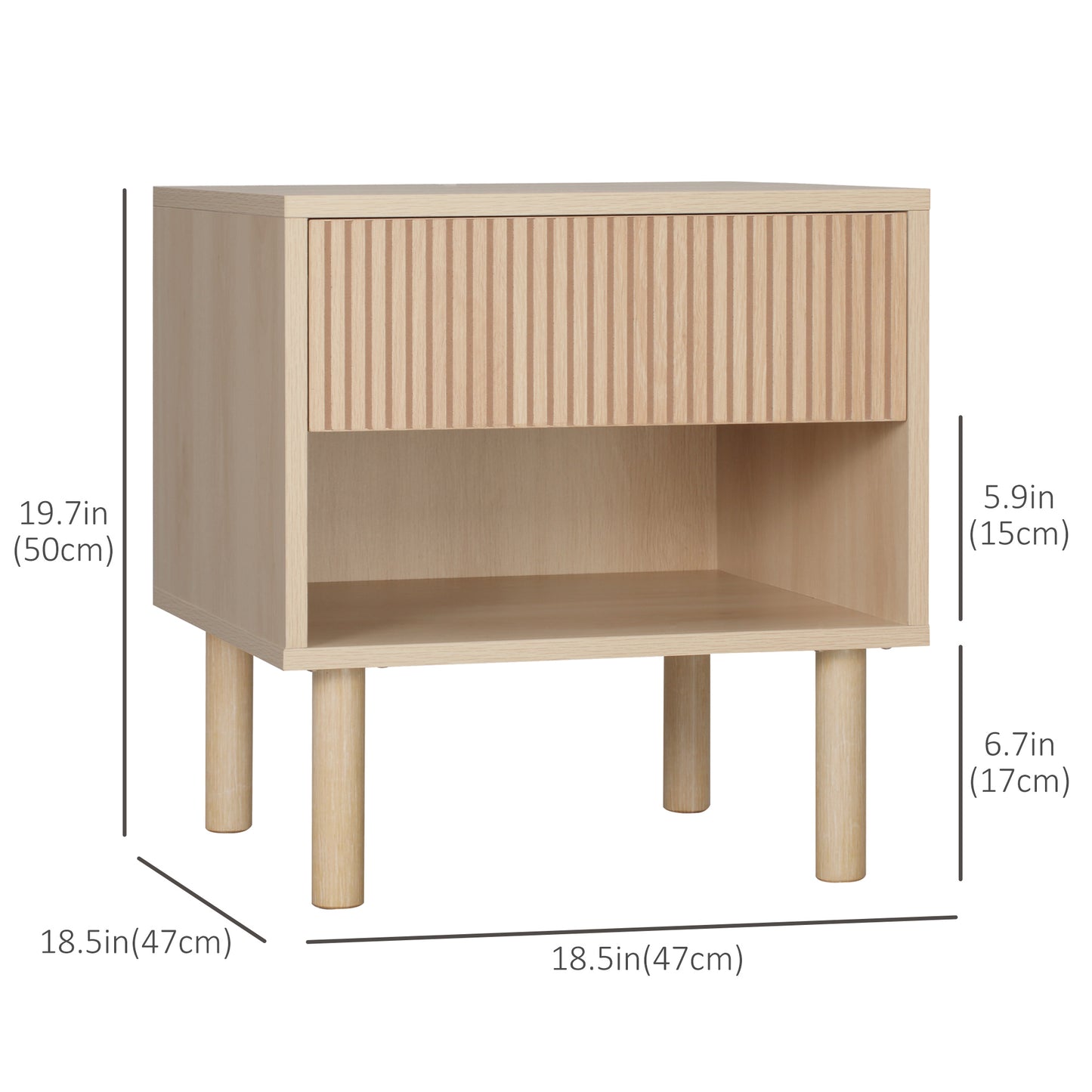 Modern Bedside Table with Drawer and Open Shelf, Natural Wood