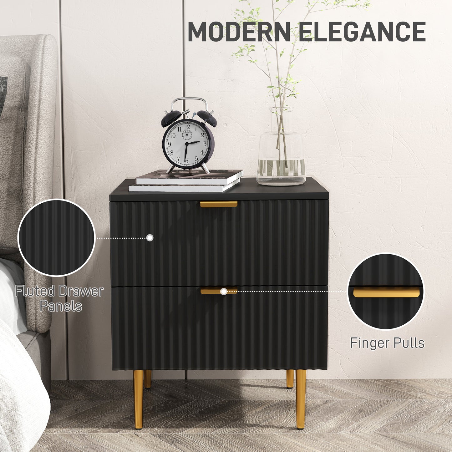 Modern Nightstand with Gold Finger Pulls and Fluted Drawers, Black