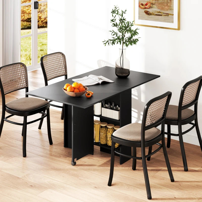 Extendable Dining Table with Storage Shelves and Rolling Wheels - Black