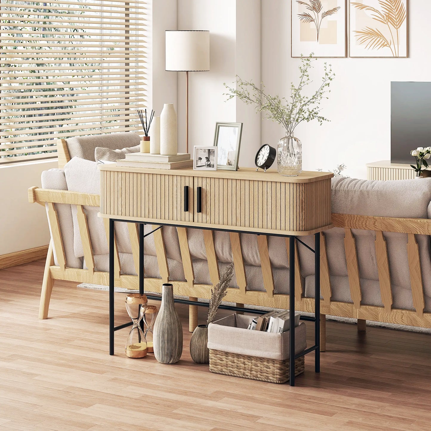39" Mid-Century Console Table with Sliding Tambour Doors, Oak and Black