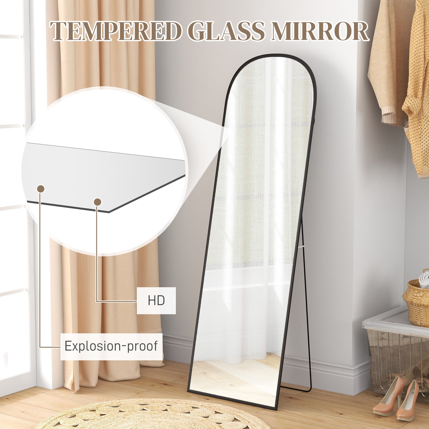 Arched Full Length Mirror with Black Frame, 64" x 20", Versatile Standing or Wall Mount
